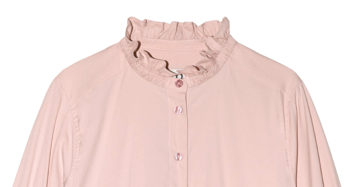 Pink women's shirt with long sleeves, buttons and ruffled neck