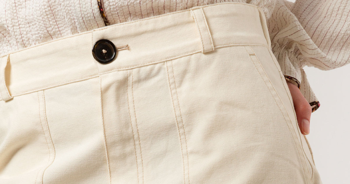 Fanny women's creme white canvas pants with button and pockets