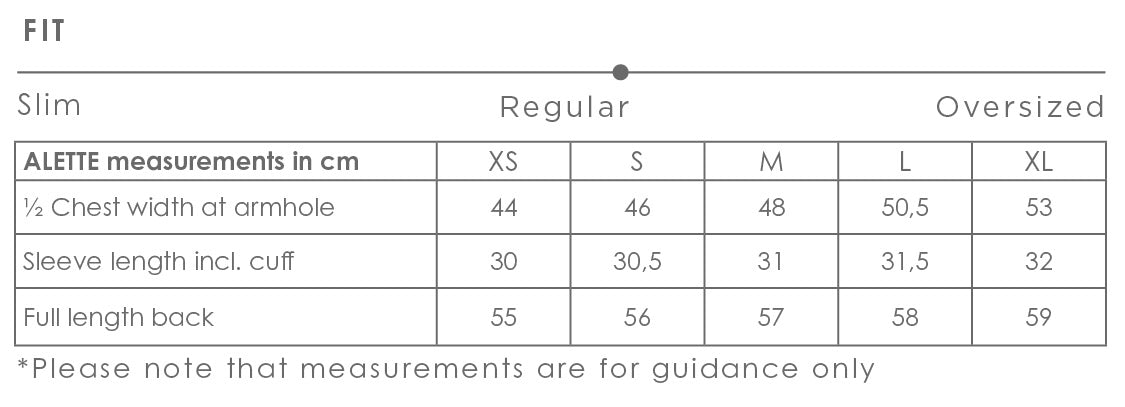 Alette shirt size chart