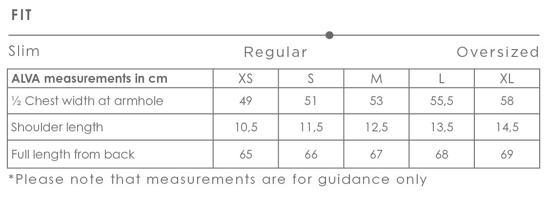 Alva shirt size chart