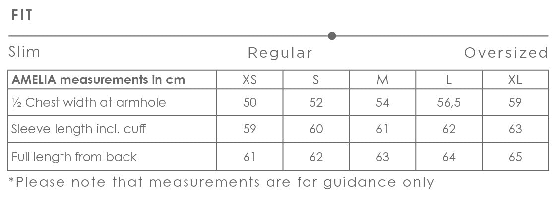 Size chart for Amelia women's shirt