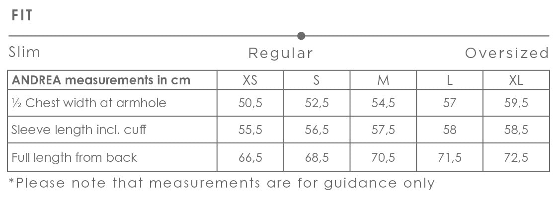 Size chart for Andrea women's shirt