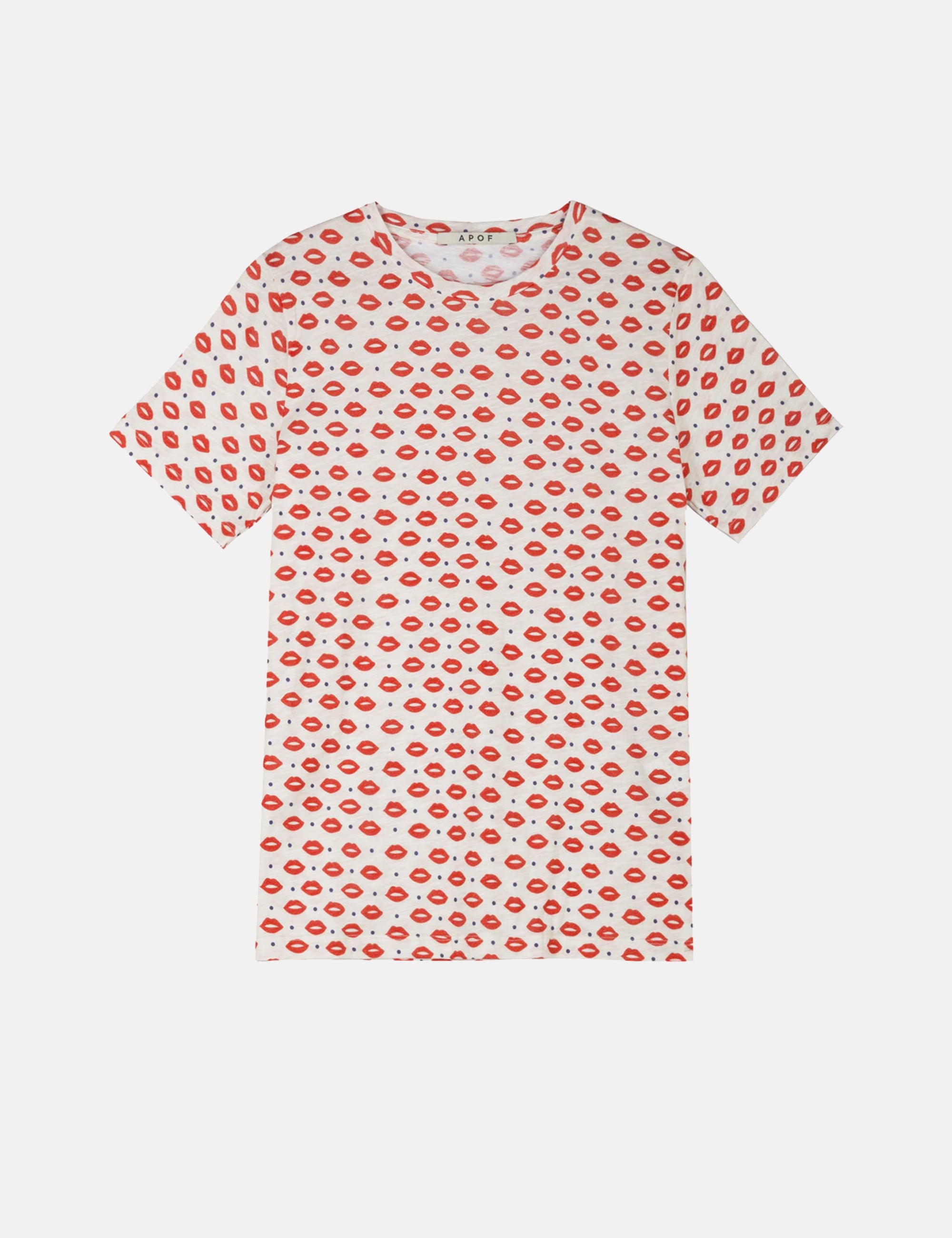 A short-sleeve crewneck t-shirt featuring an all-over repeating pattern of red lips on a white background backdrop.