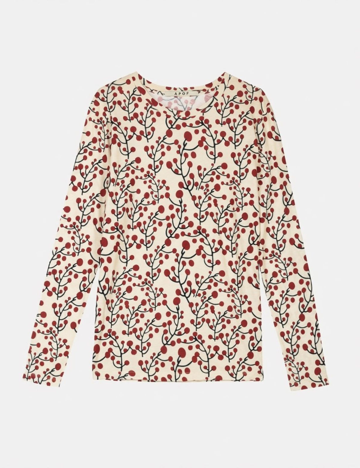 Ein langärmliges Damen-T-Shirt mit Rundhalsausschnitt, das ein durchgehendes botanisches Muster mit roten Beeren an schwarzen Stielen auf warmem cremefarbenem Hintergrund zeigt.