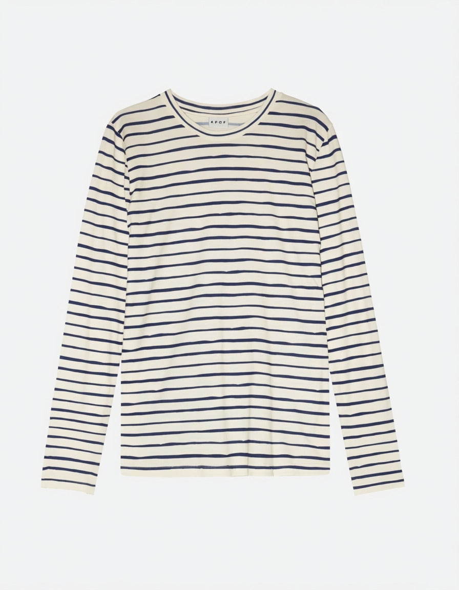 Women's long sleeved white and blue striped cotton jersey t-shirt
