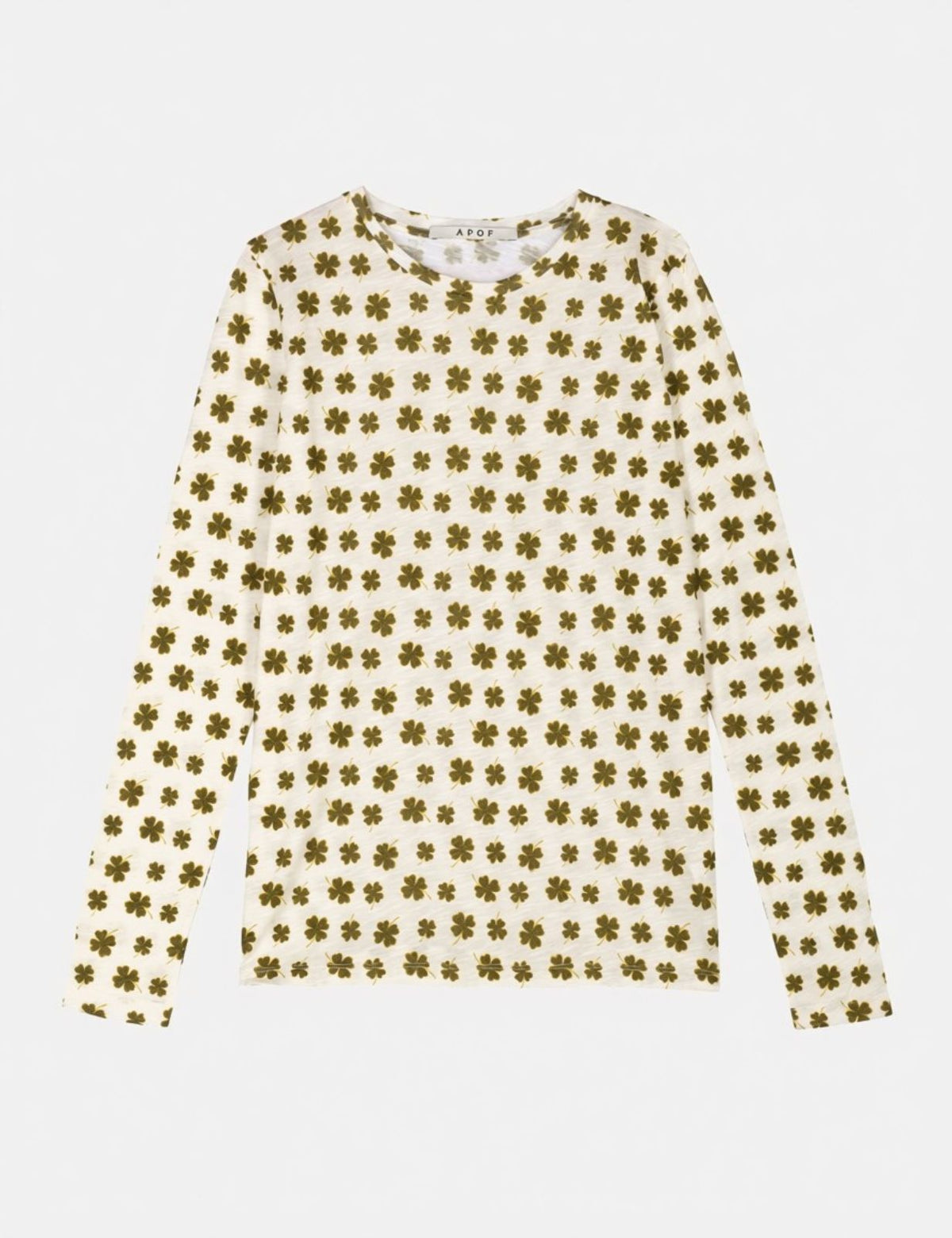 Damenlangarmshirt in Weiß mit Muster aus grünen vierblättrigen Kleeblättern