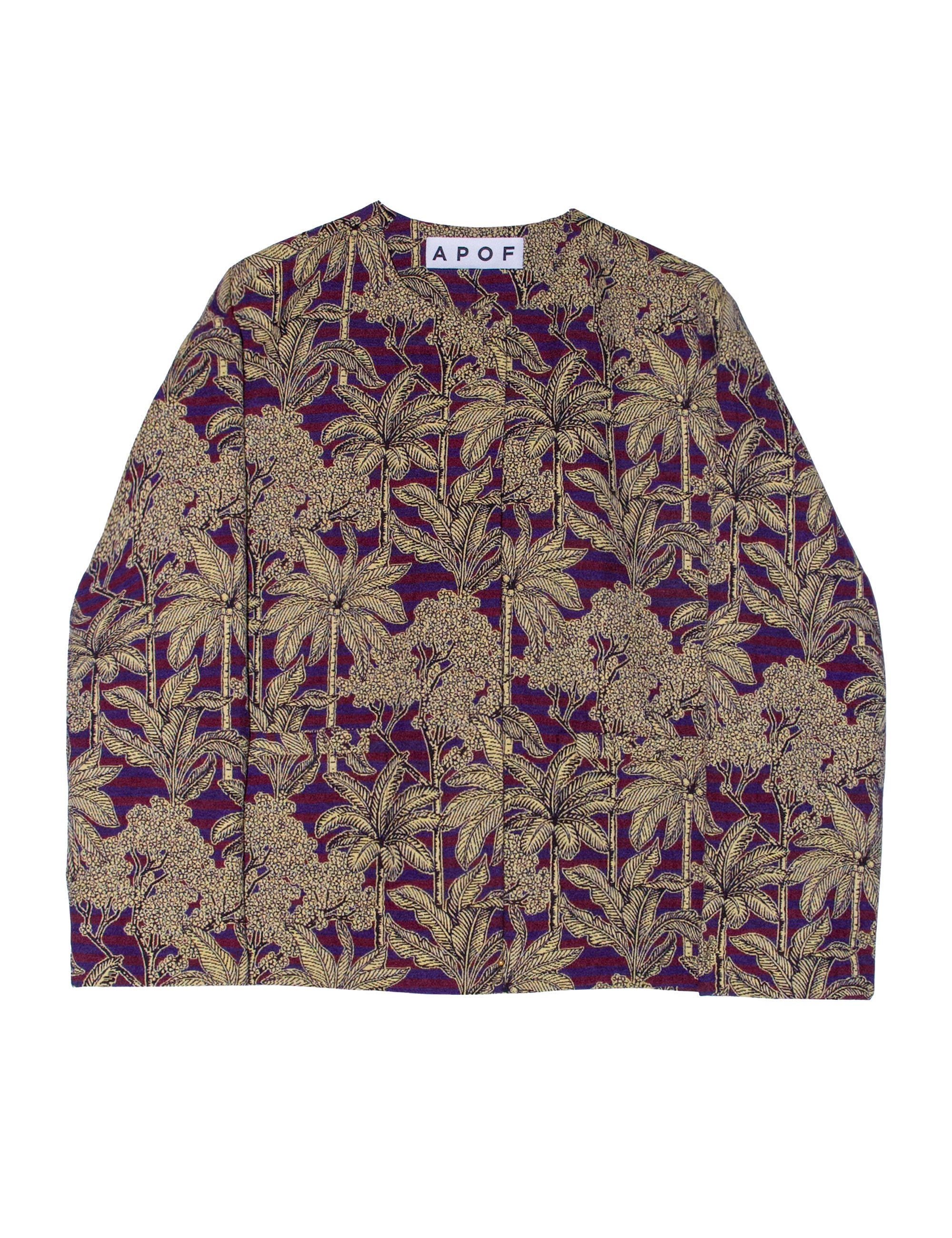 Dark red and blue striped jacquard women's jacket with golden palm tree print and covered buttons