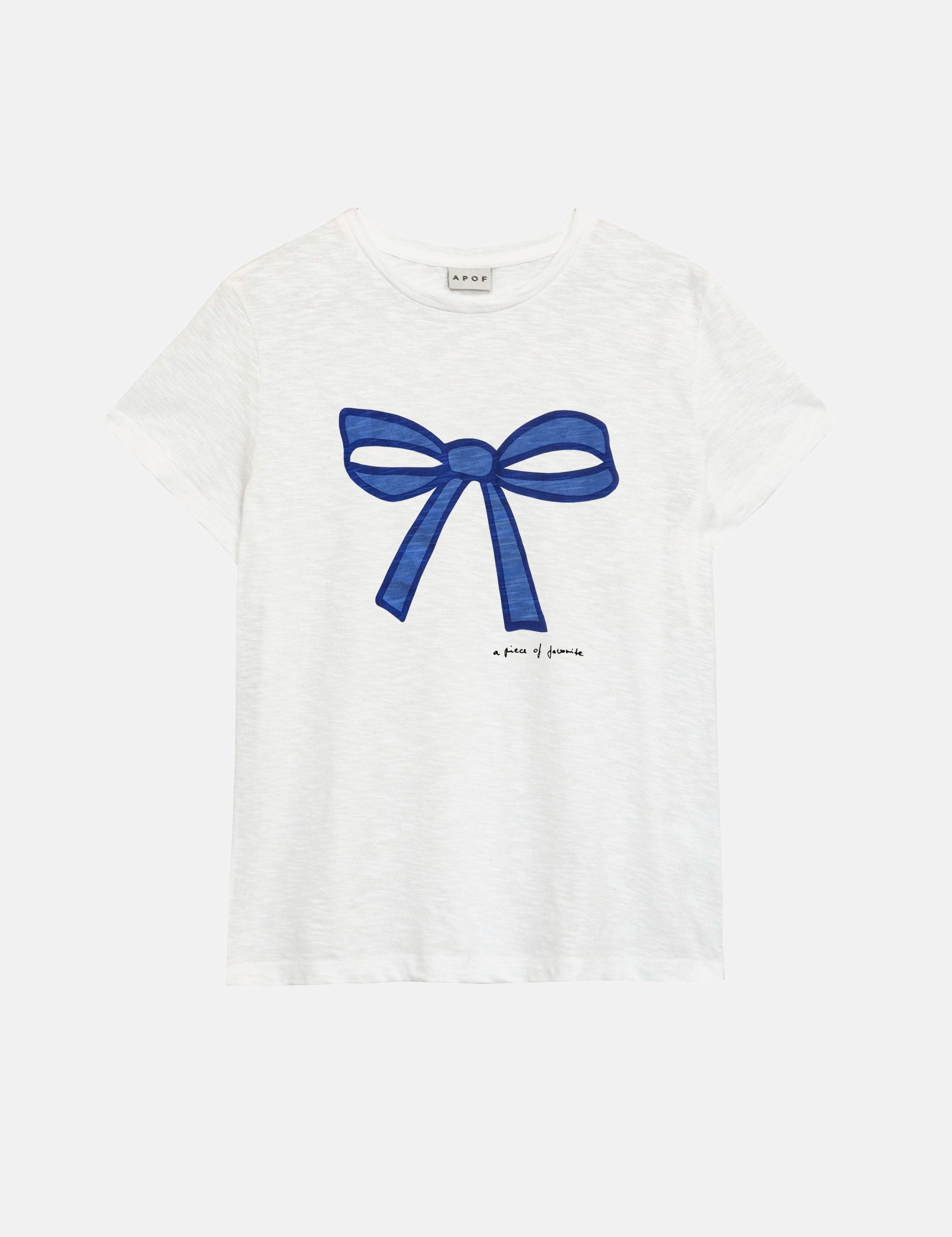 Women's white short sleeved t-shirt with large blue bow print