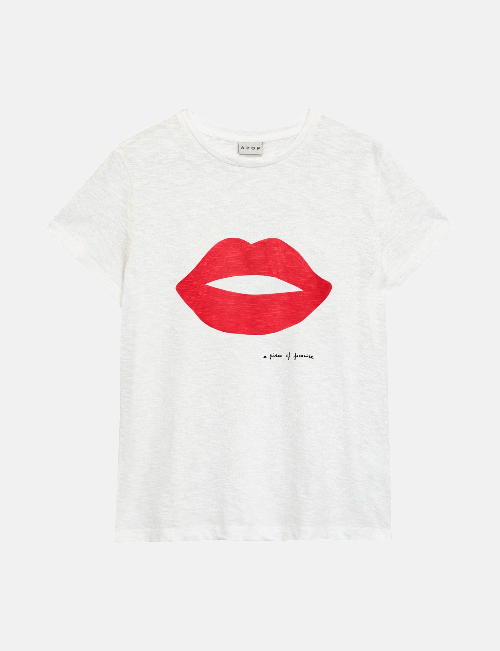 Women's t-shirt with red lips graphic and text on a white background