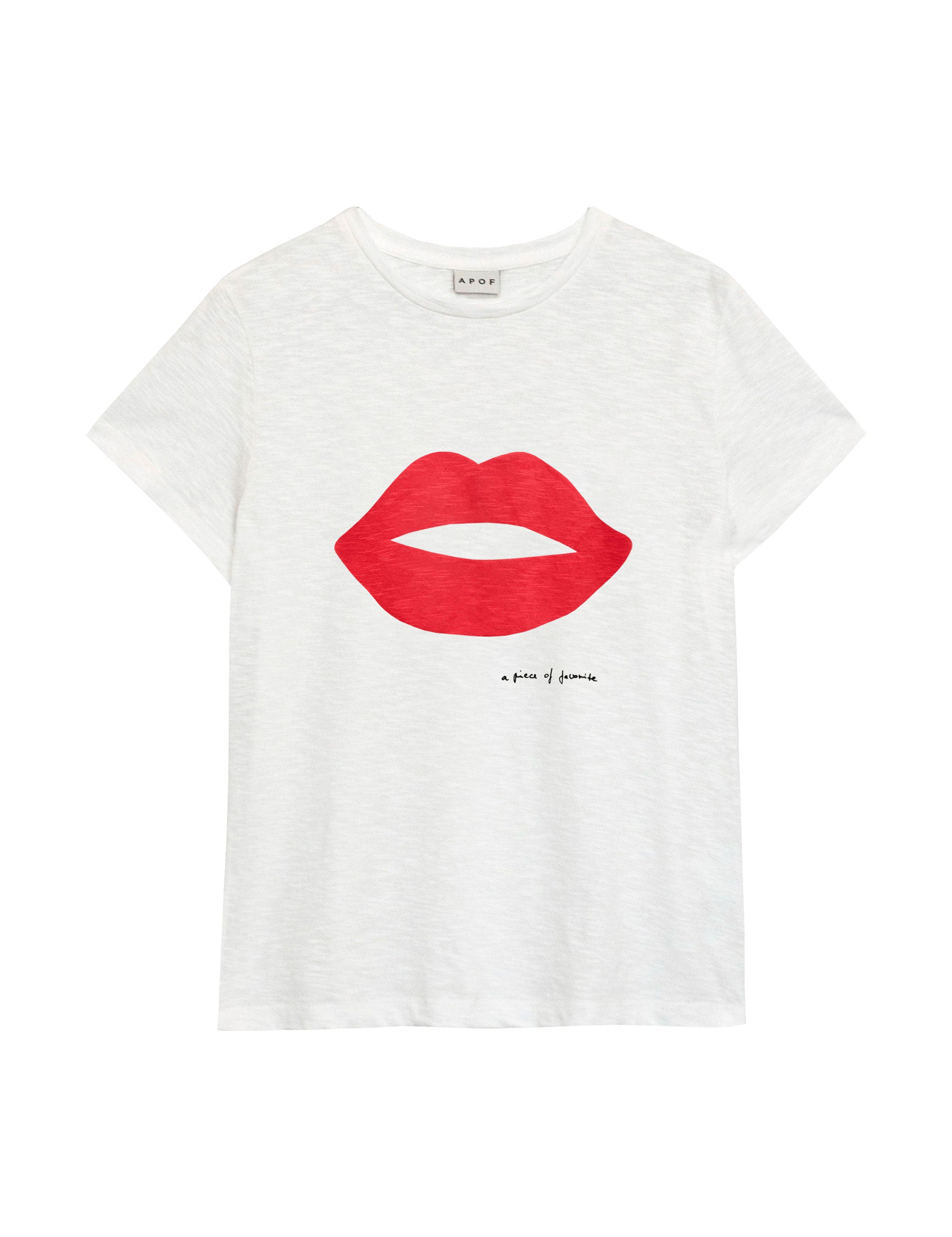 White t-shirt with red lips graphic and text A piece of favorite
