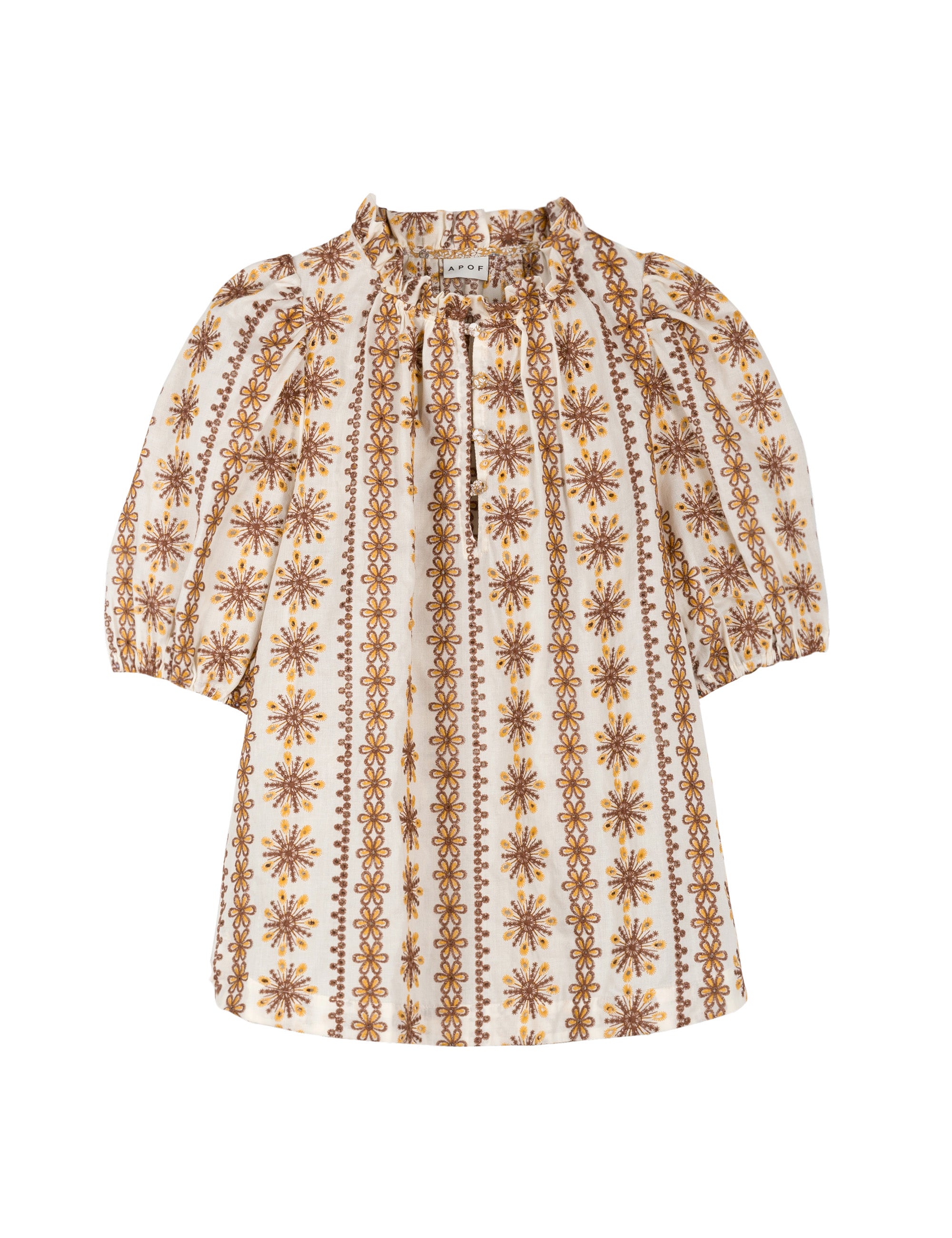 Blouse with white and brown pattern and frills
