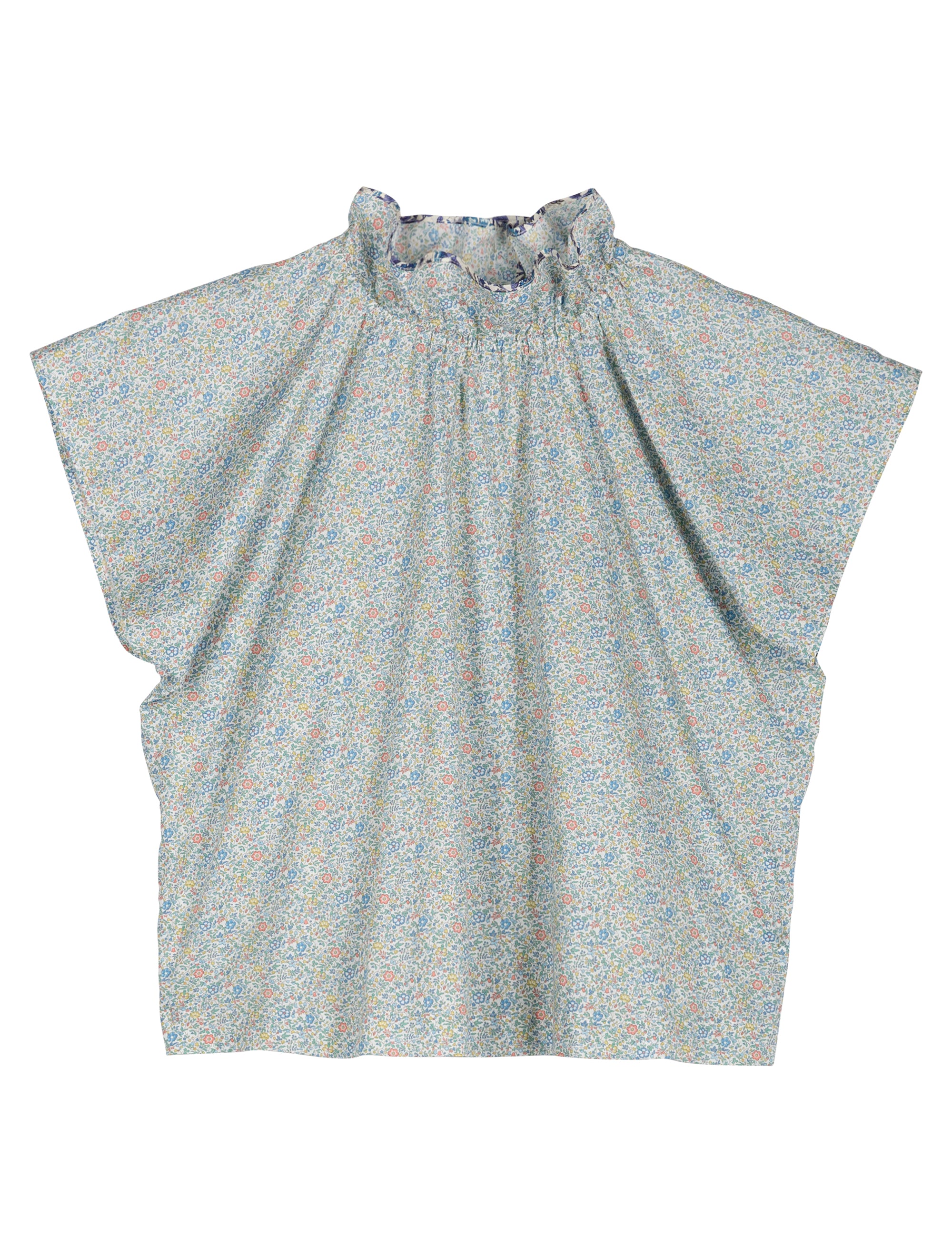 Green blouse with flower pattern and frilled collar
