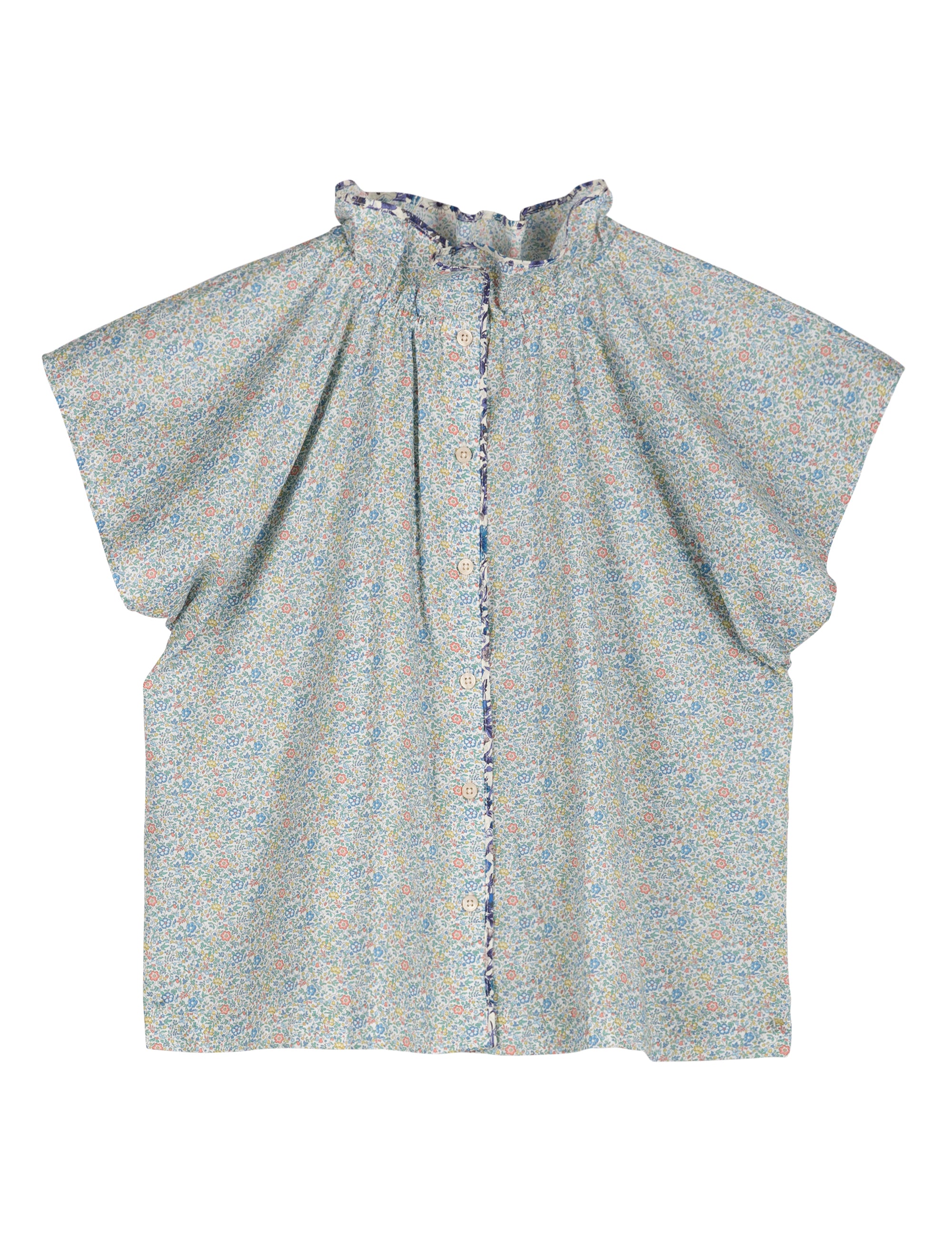 Green blouse with flower pattern and frilled collar