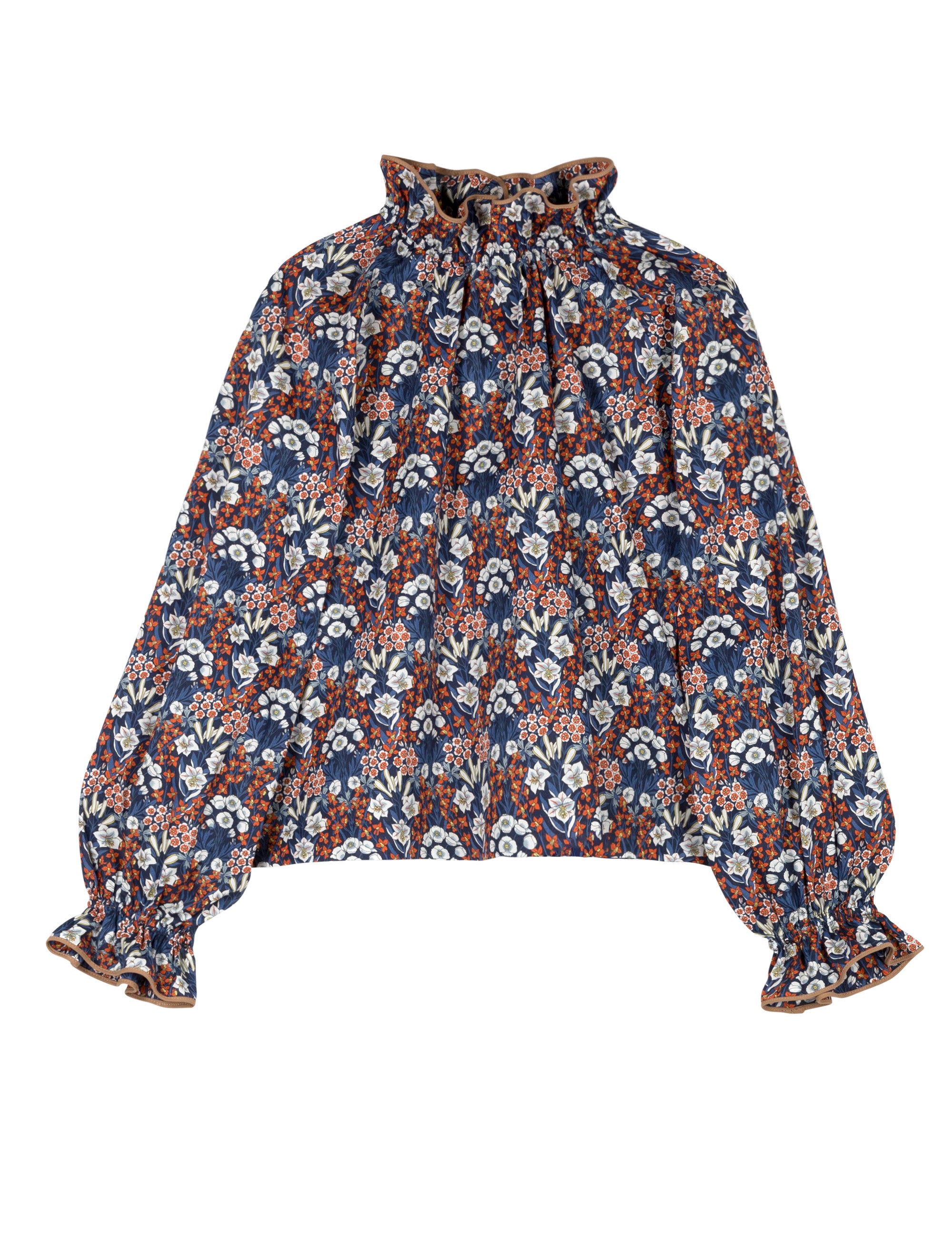 Long sleeved blouse with red blue and white flower pattern and ruffled collar and cuffs