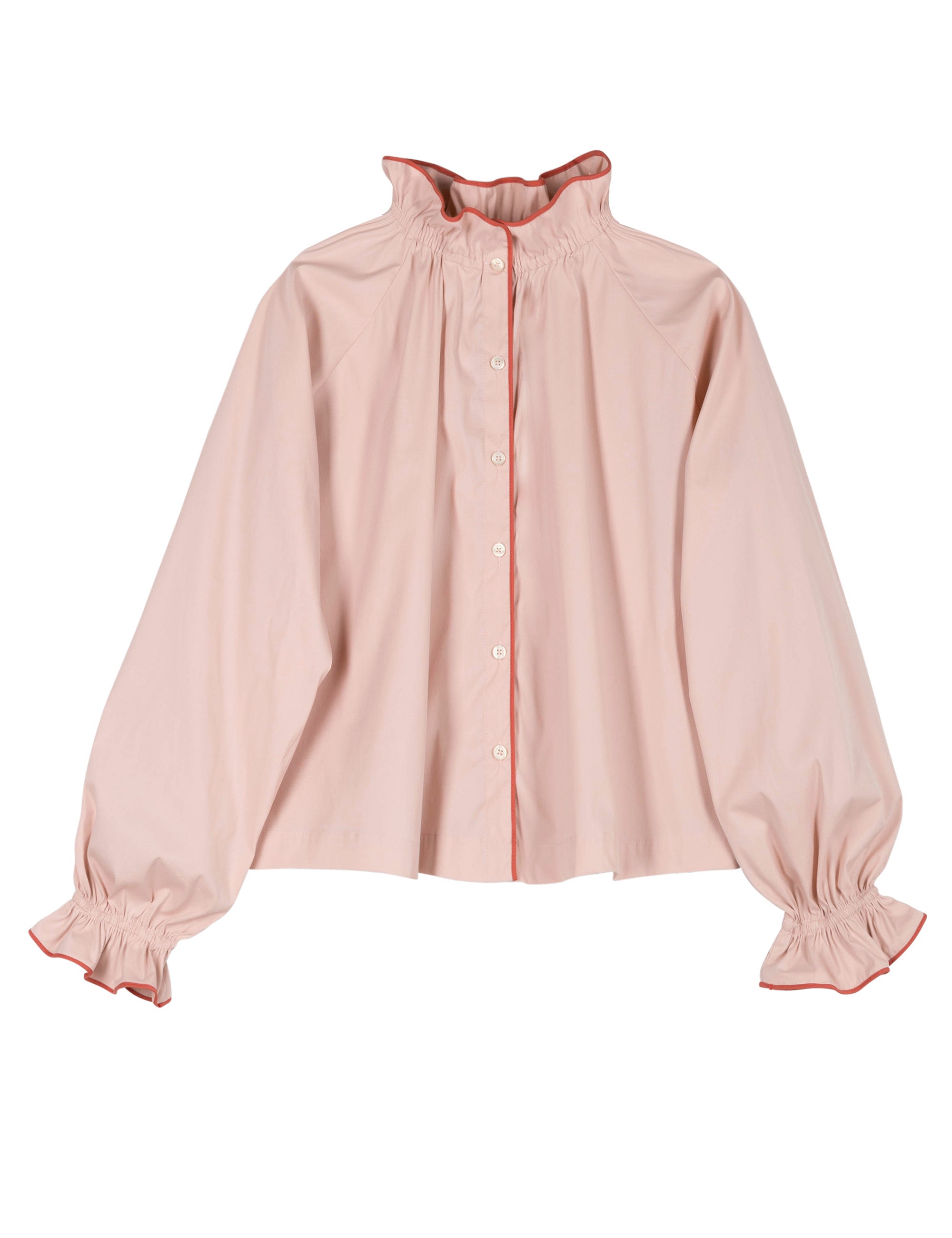 Pink long sleeved shirt with ruffled collar and cuffs, buttons and red pipings