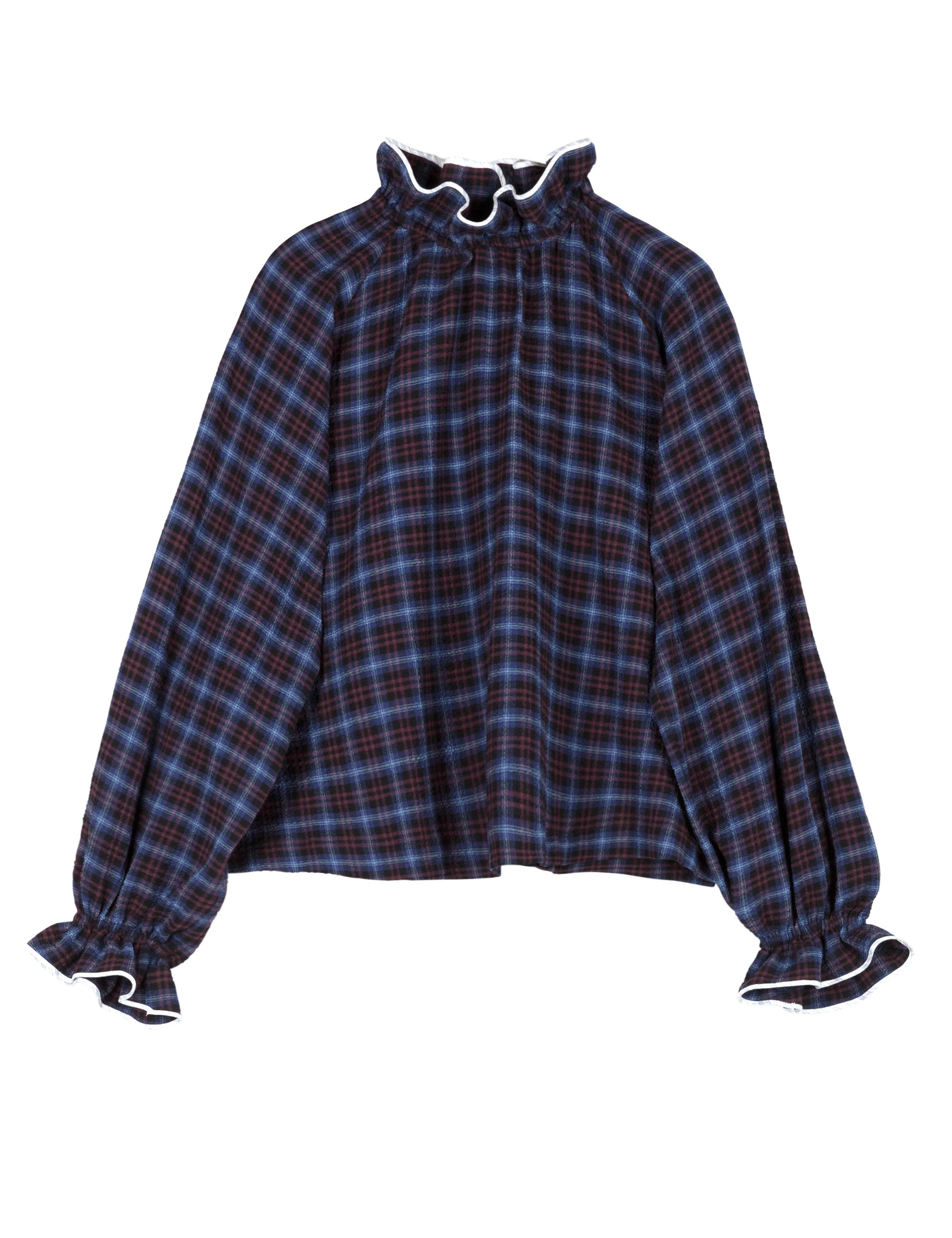 Long sleeved blouse with blue and red check pattern and ruffles around neck and cuffs