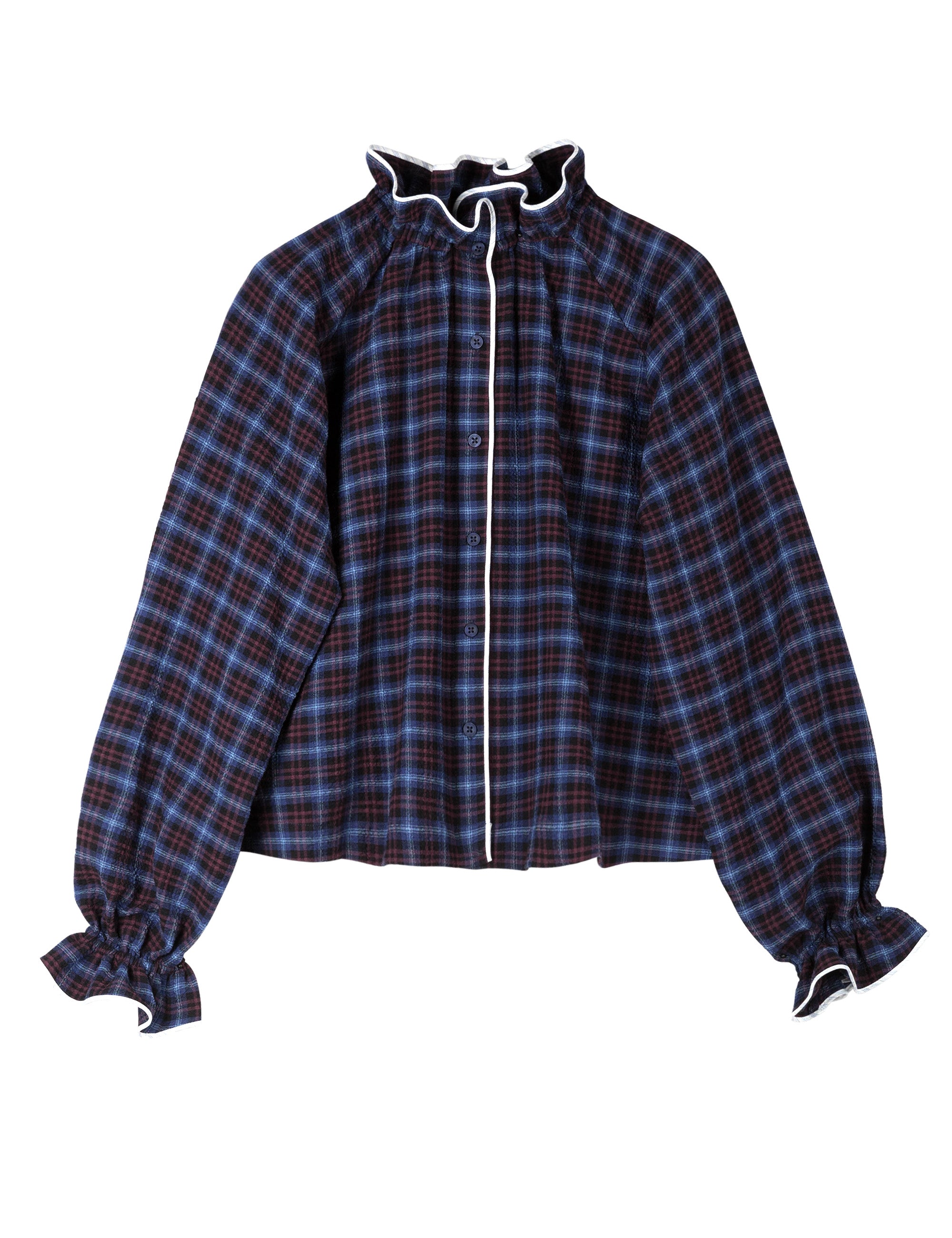 Long sleeved blouse with blue and red check pattern, buttons and white lining and ruffles around neck and cuffs