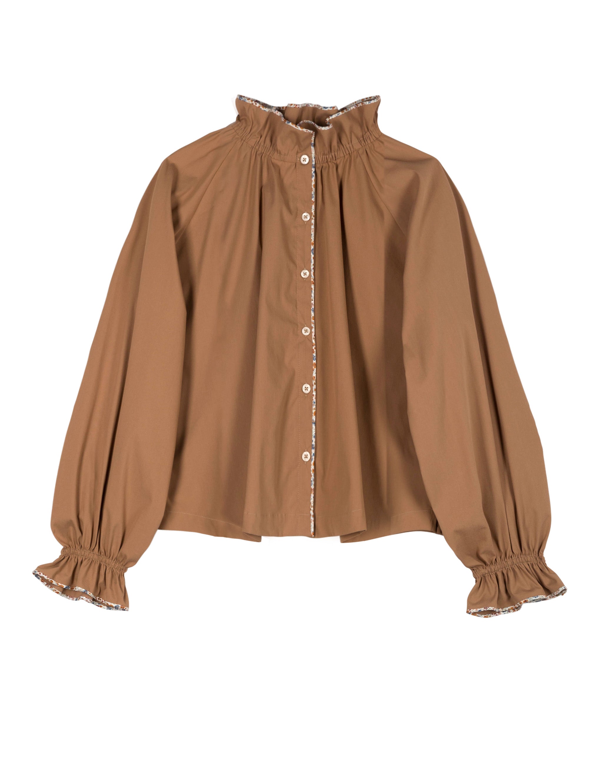 Brown shirt with long sleeves, buttons, pipings and ruffles