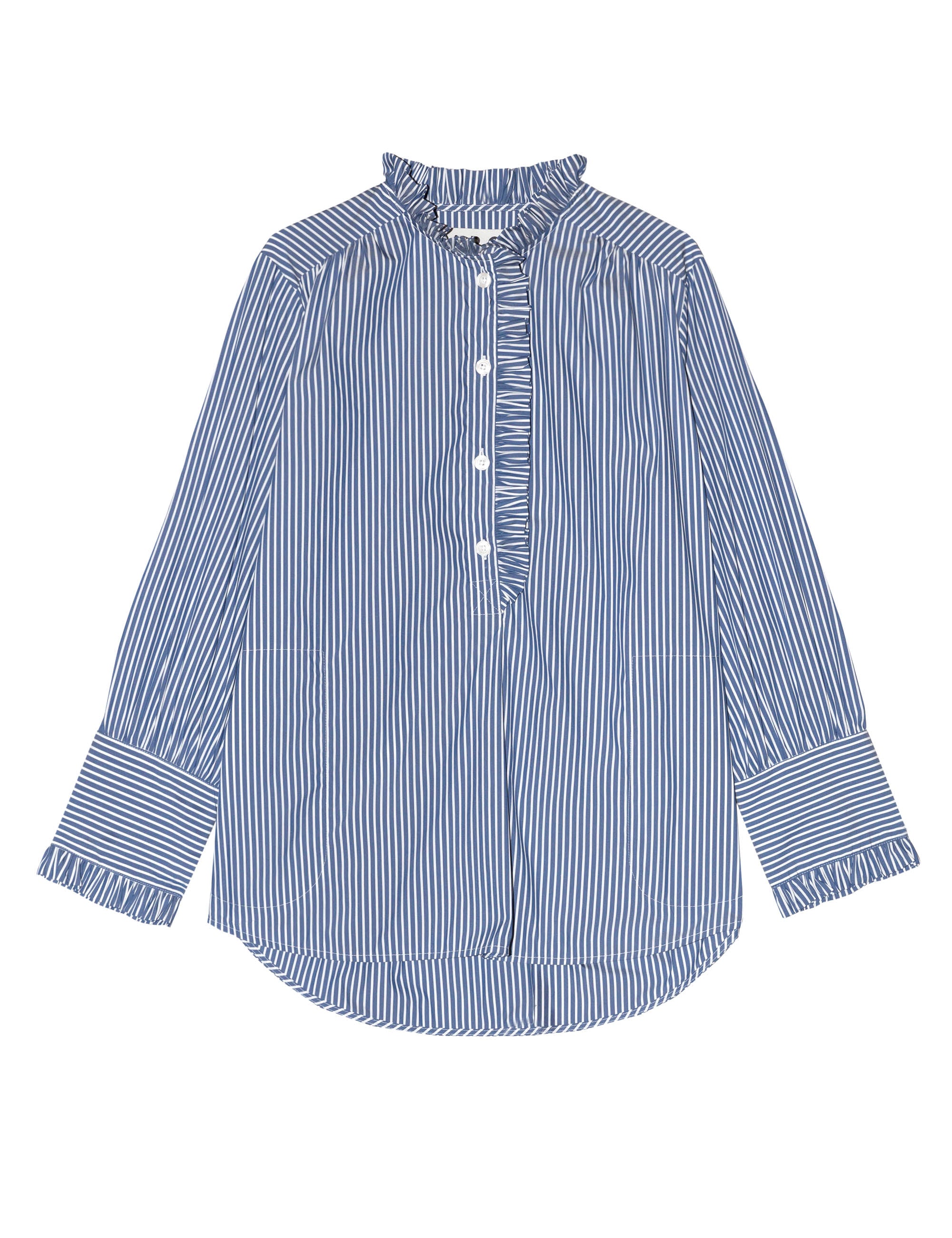 Blue and white striped shirt with frills and buttoned pleat