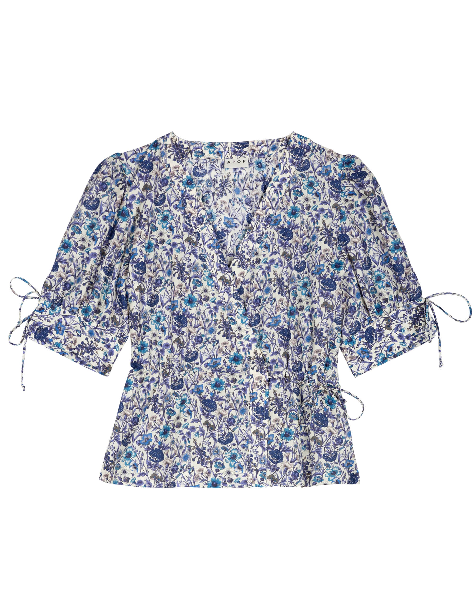 Short sleeved wrap blouse with blue flower pattern