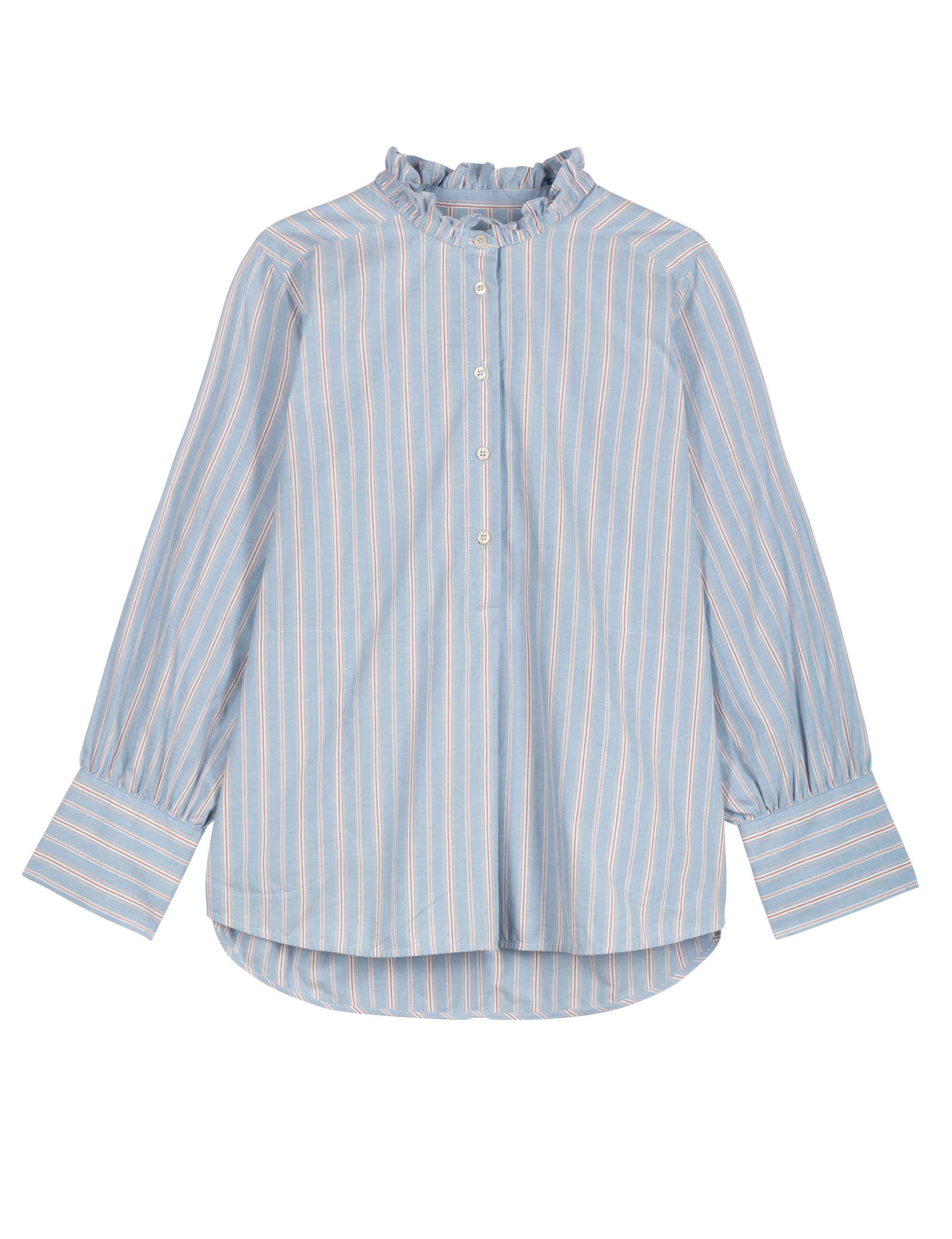 Blue long sleeved striped women's shirt with frills