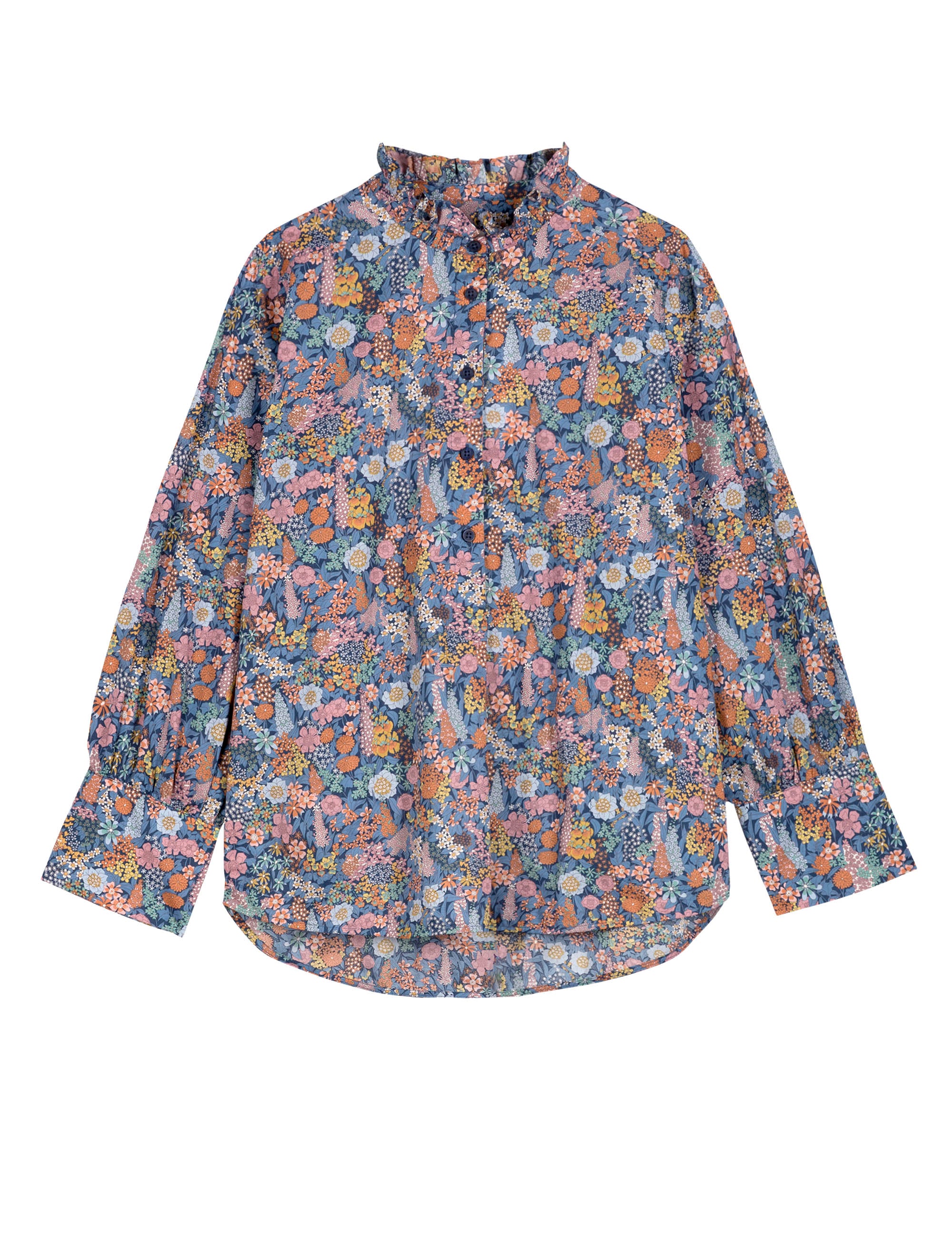 Long sleeved women's shirt with flower pattern and frills