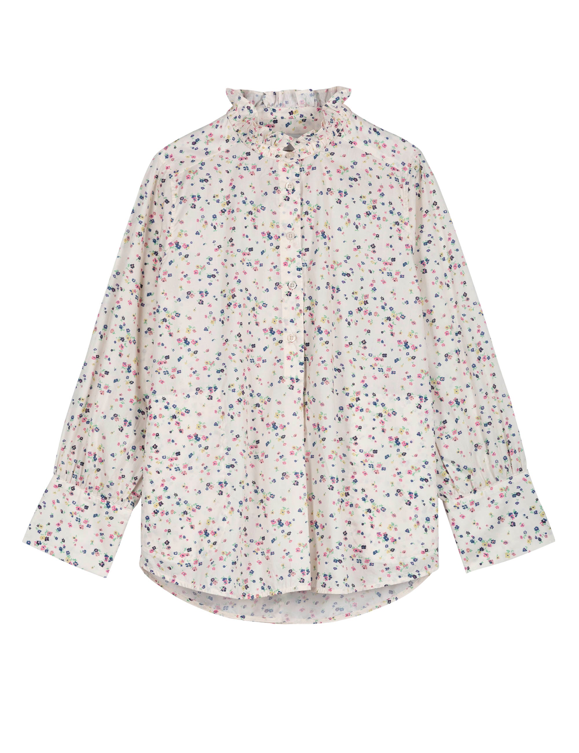 Long sleeved women's shirt with frills and flower pattern