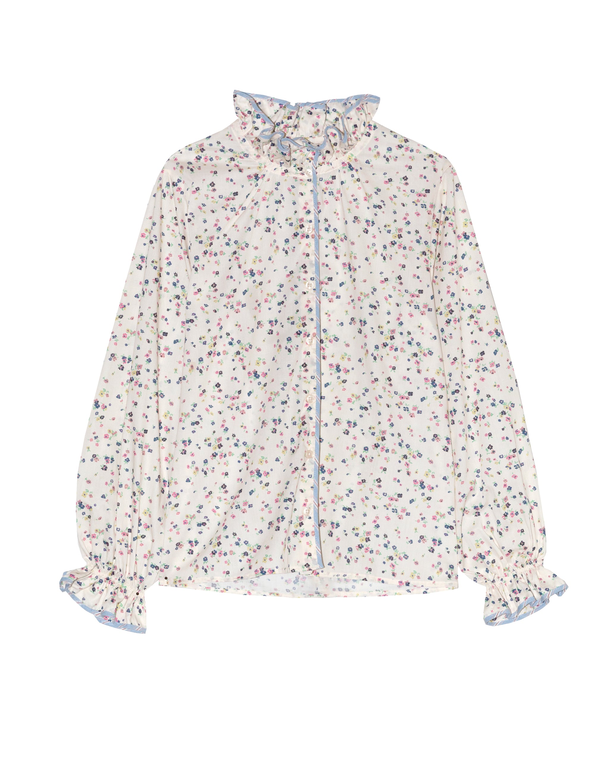 Long sleeved women's shirt with frills and flower pattern