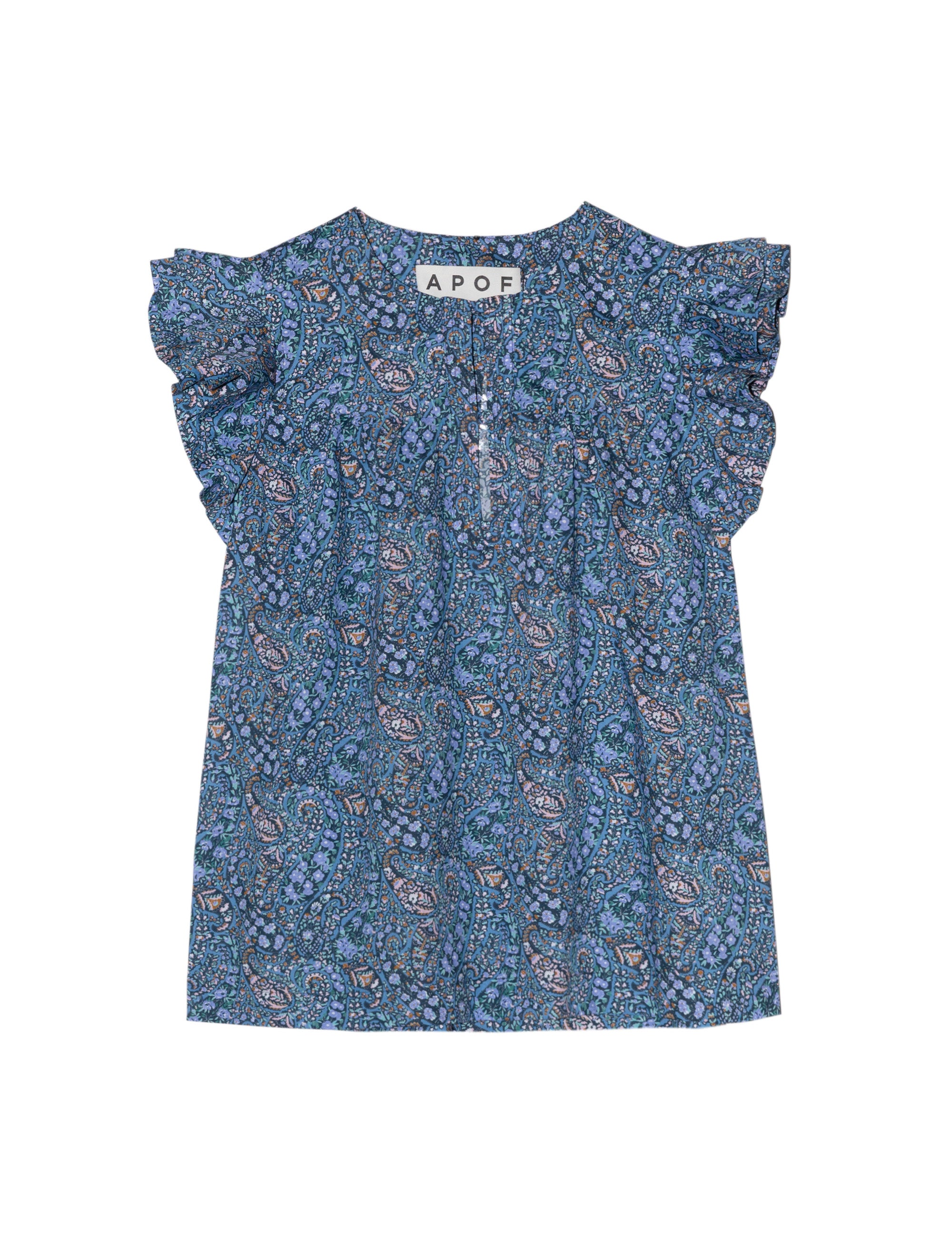Blue flower patterned sleeveless top with frills