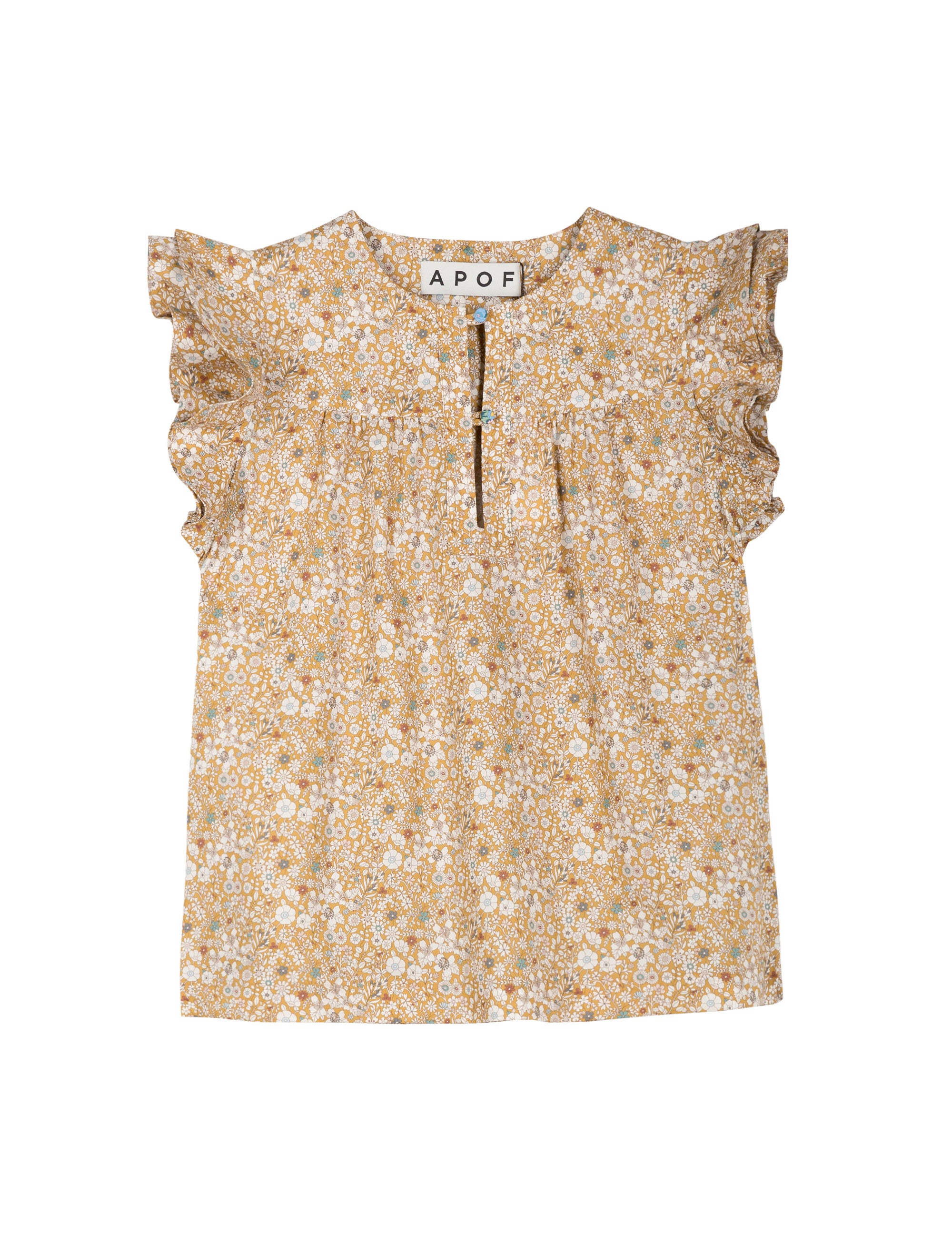 Sleeveless brown blouse with flower pattern and frills