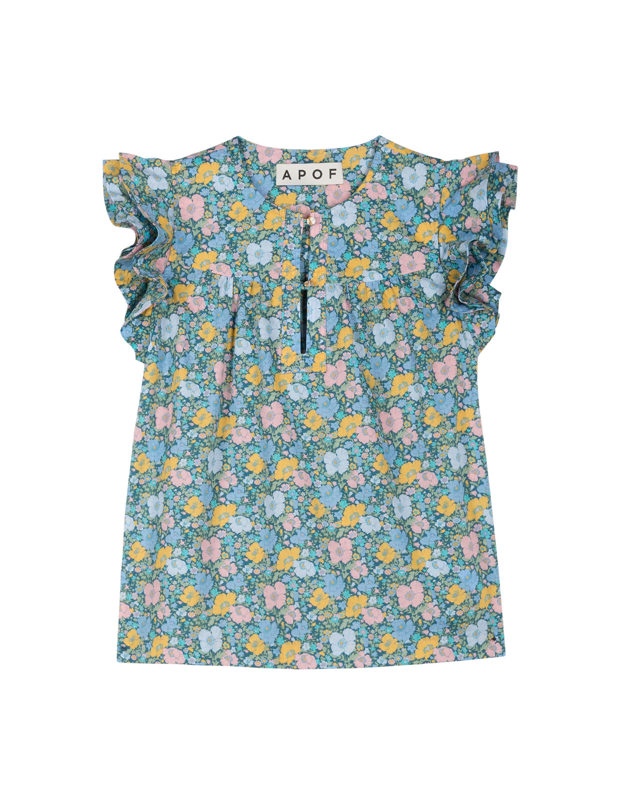 Green sleeveless blouse with flower pattern and frills