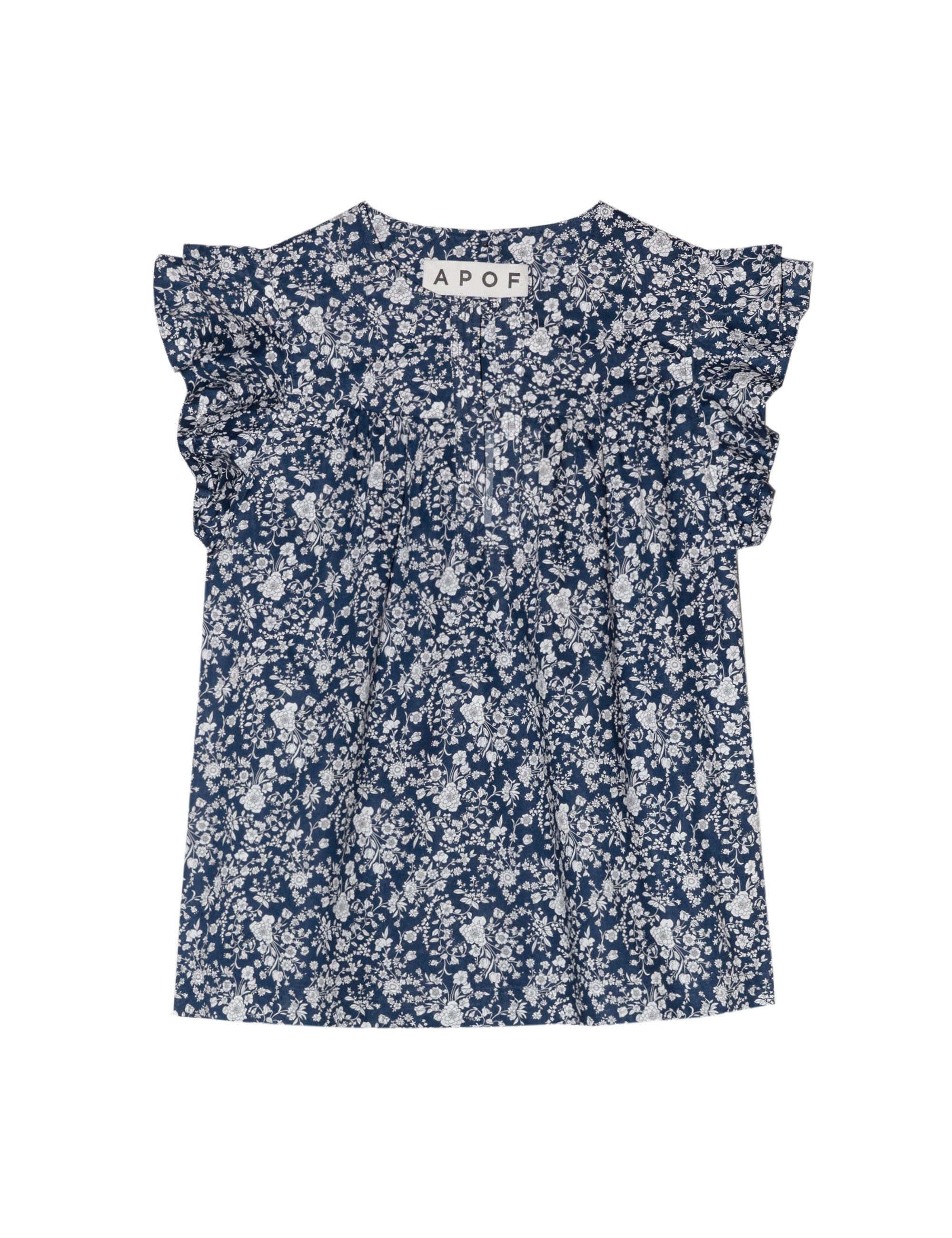 Blue flower patterned sleeveless top with frills