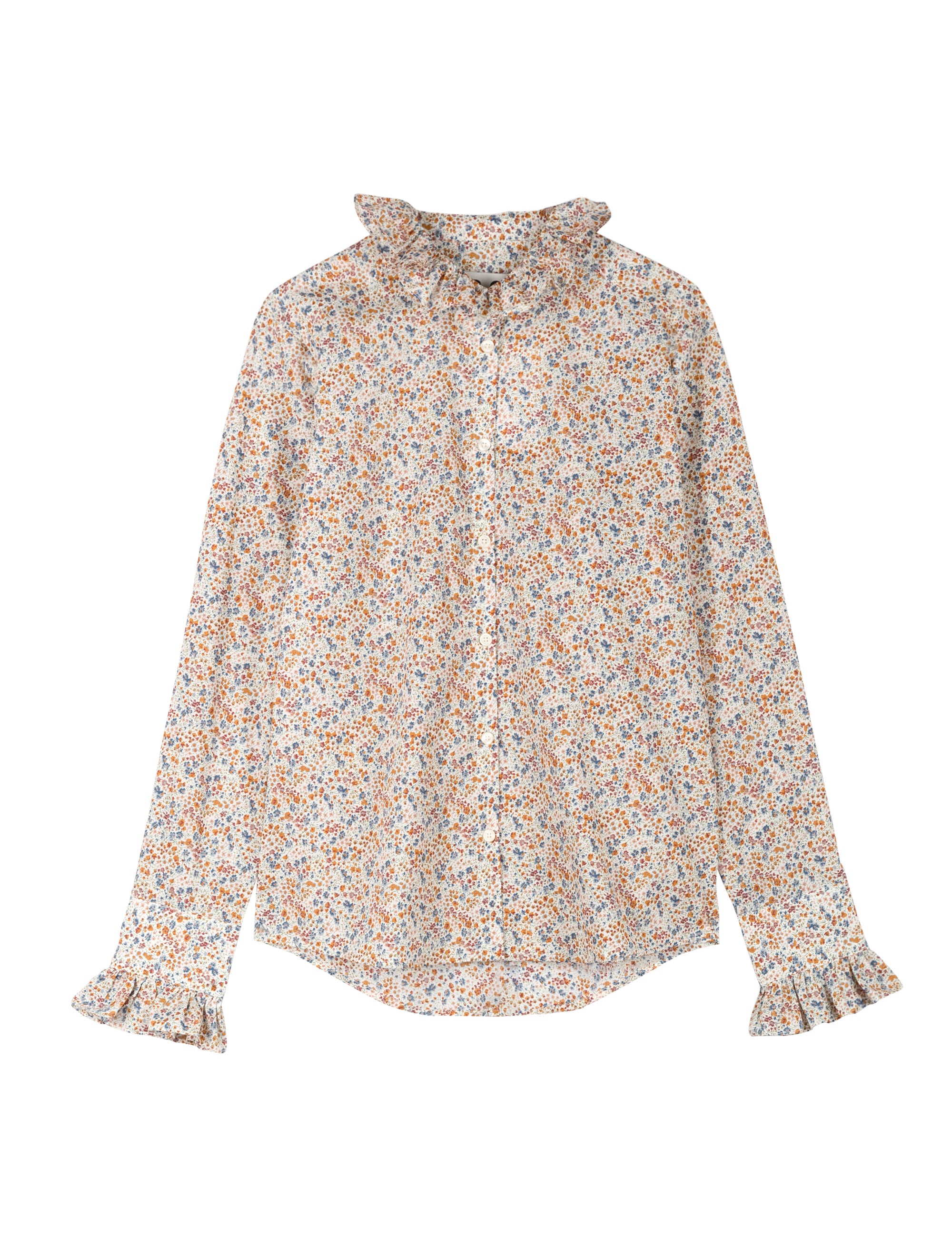 Long sleeved women's shirt with flower pattern, ruffled collar and cuffs