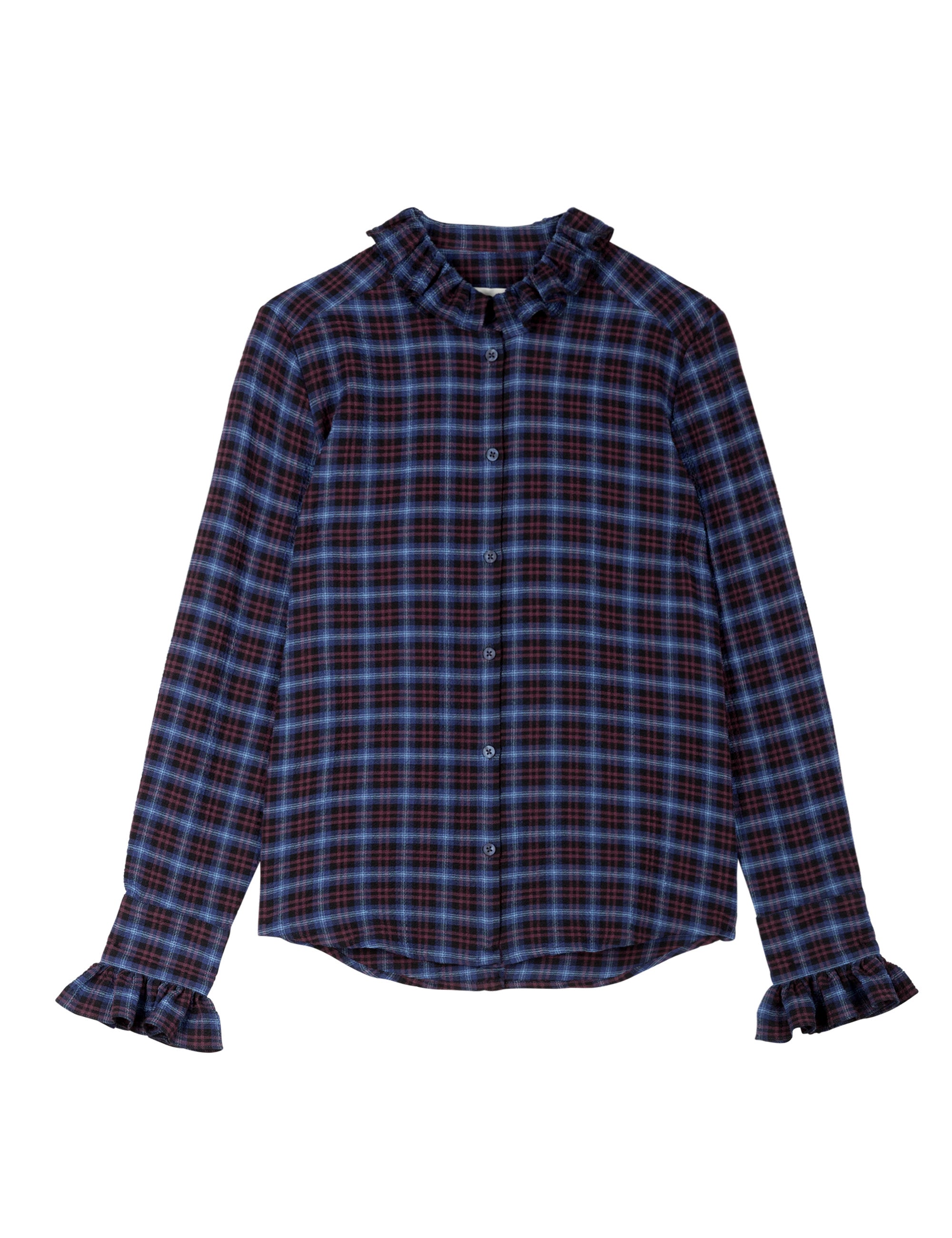 Women's shirt with frilled collar and cuffs, buttons on front in a blue and red check fabric