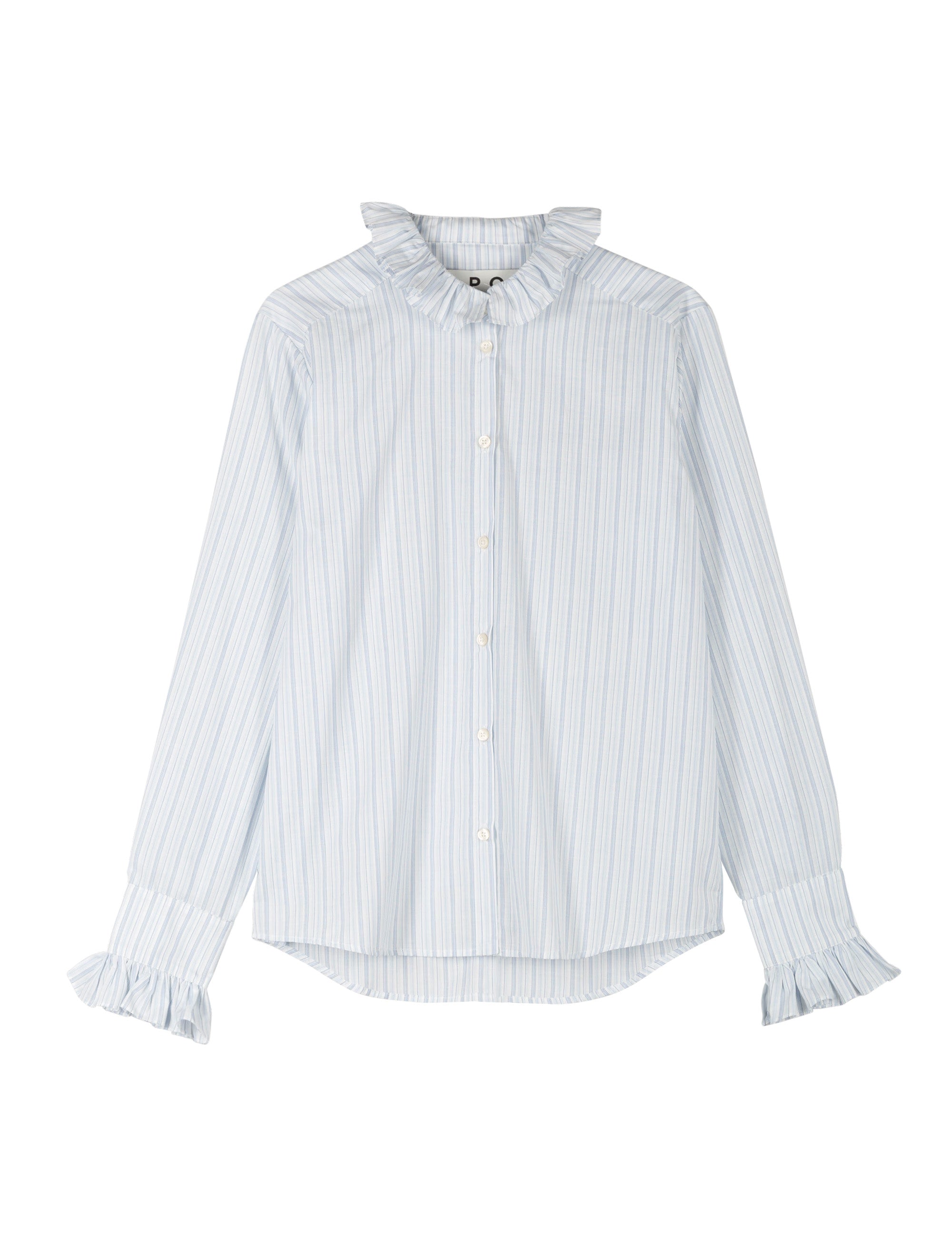 Blue striped shirt with ruffled collar and cuffs