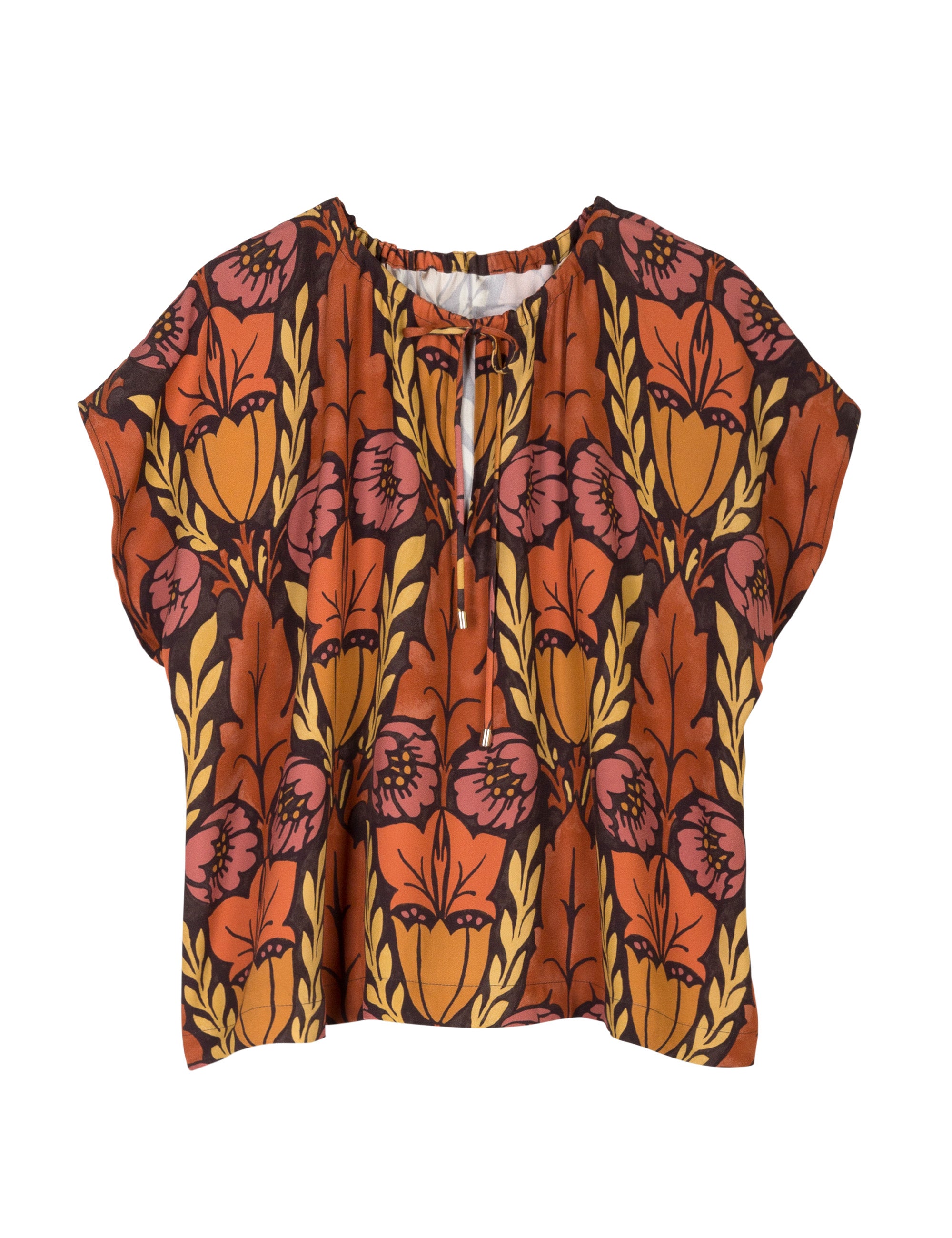 Short sleeved women's shirt with brown and orange flower pattern