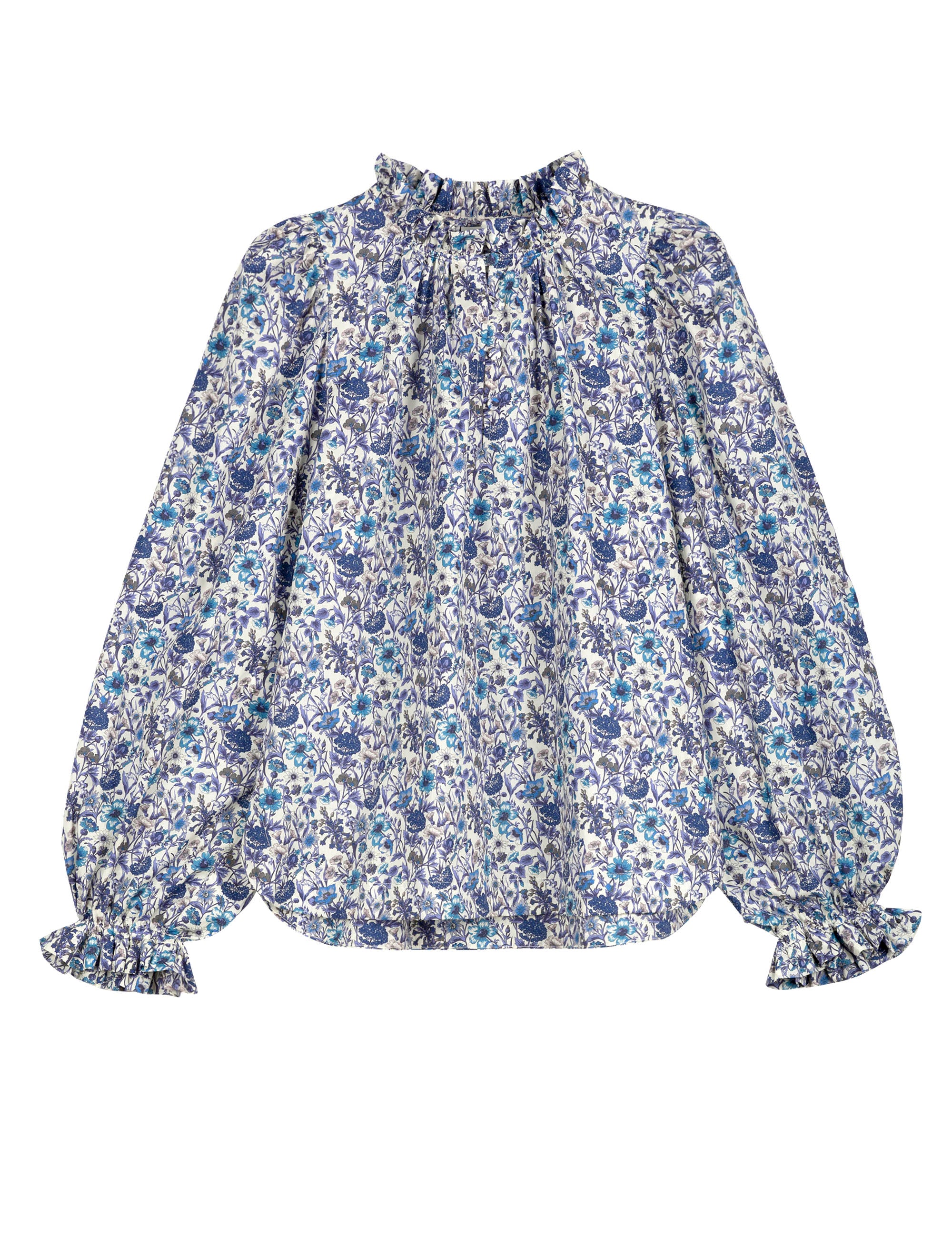 Long sleeved women's shirt with blue flowers and frills