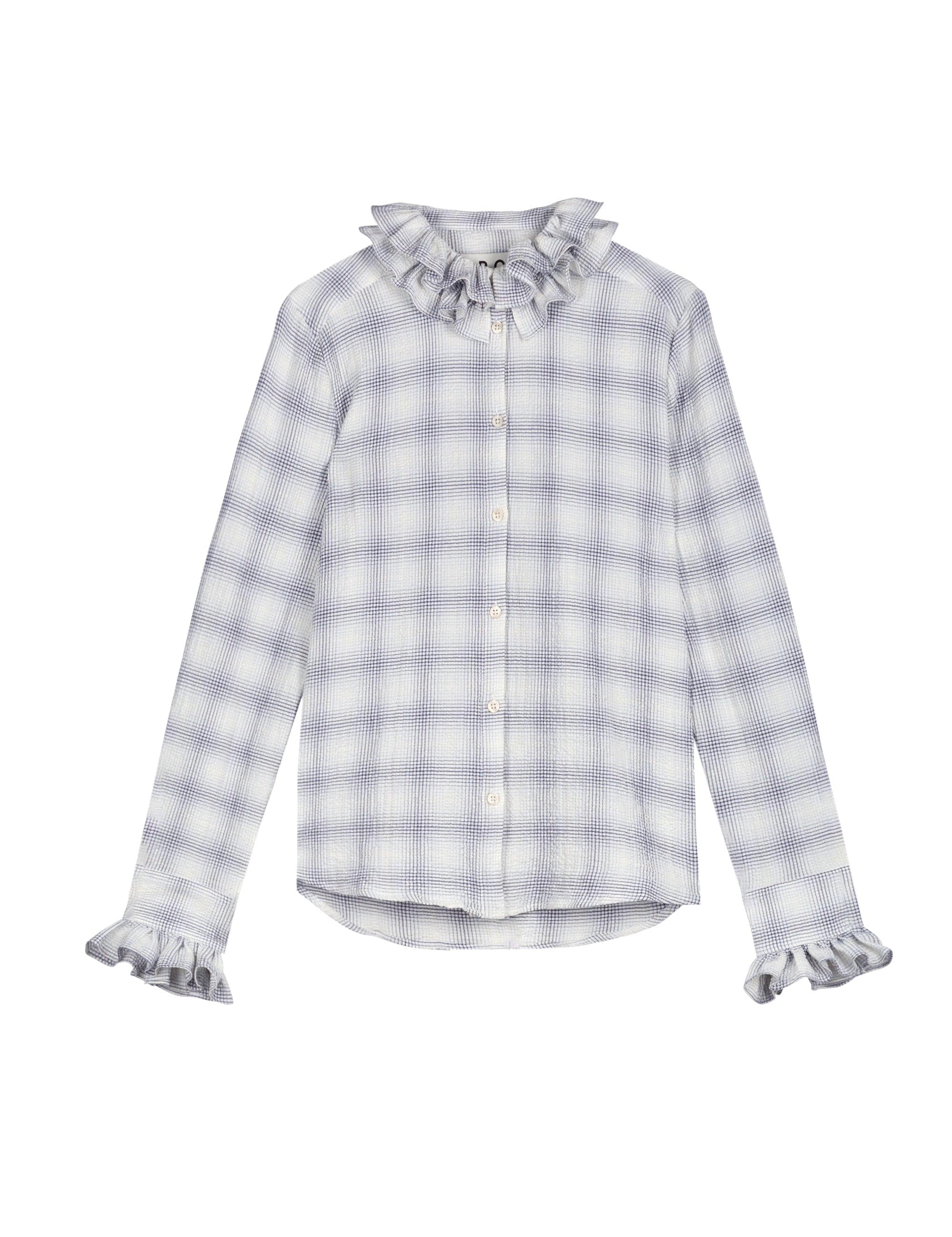 Blue and white blouse with checked pattern and frills