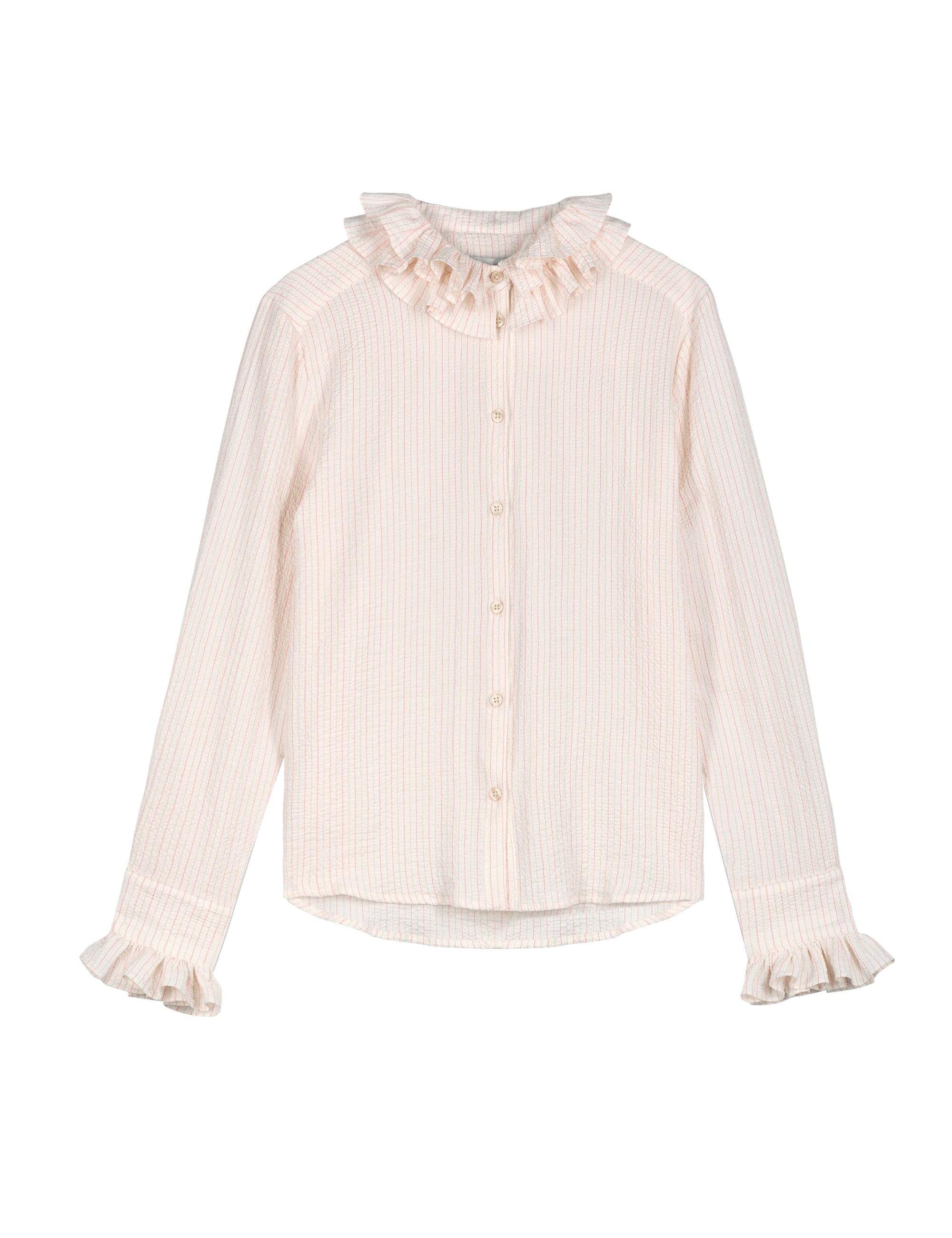 Pink striped blouse with long sleeves and frills
