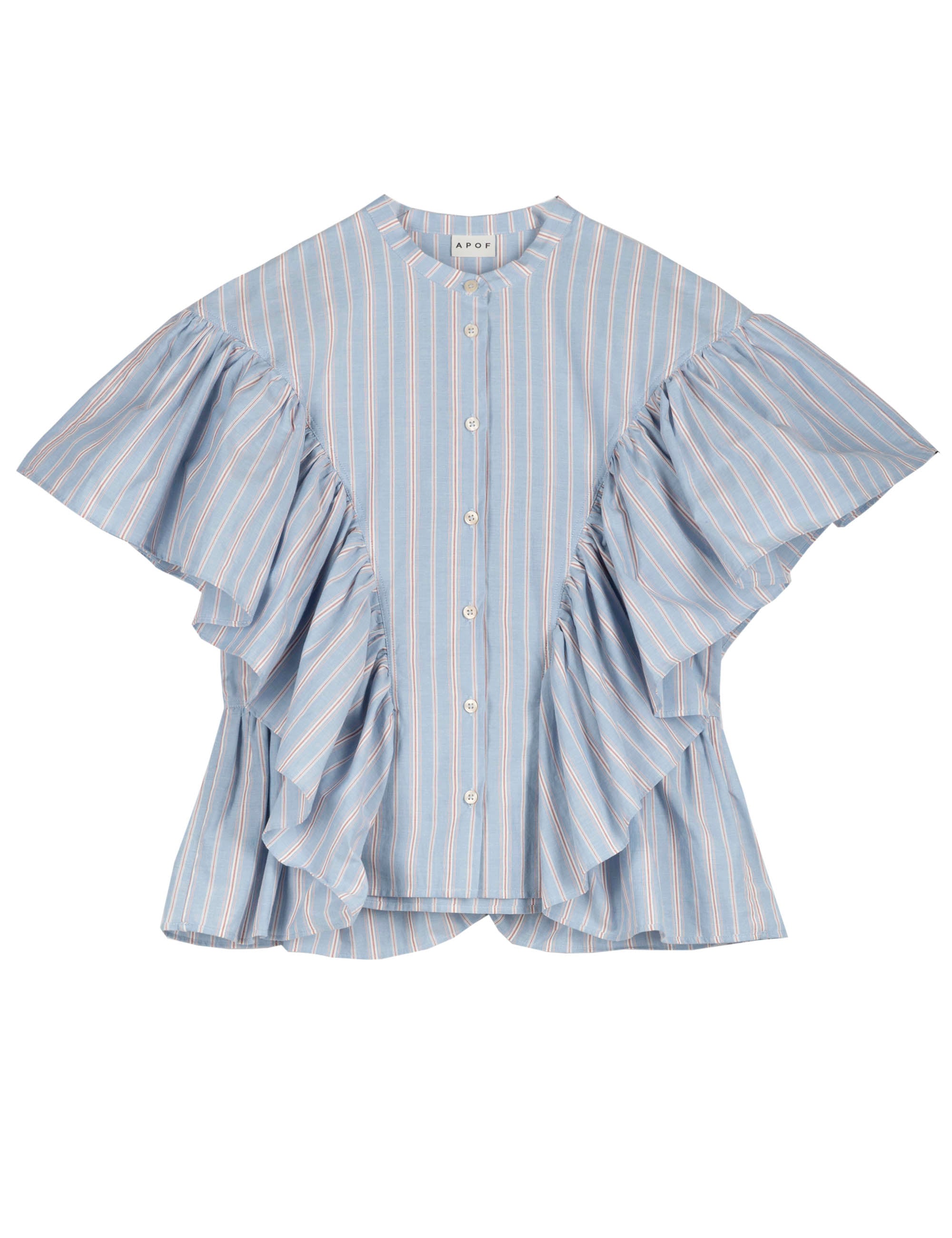 Blue short sleeved women's shirt with stripes and frills