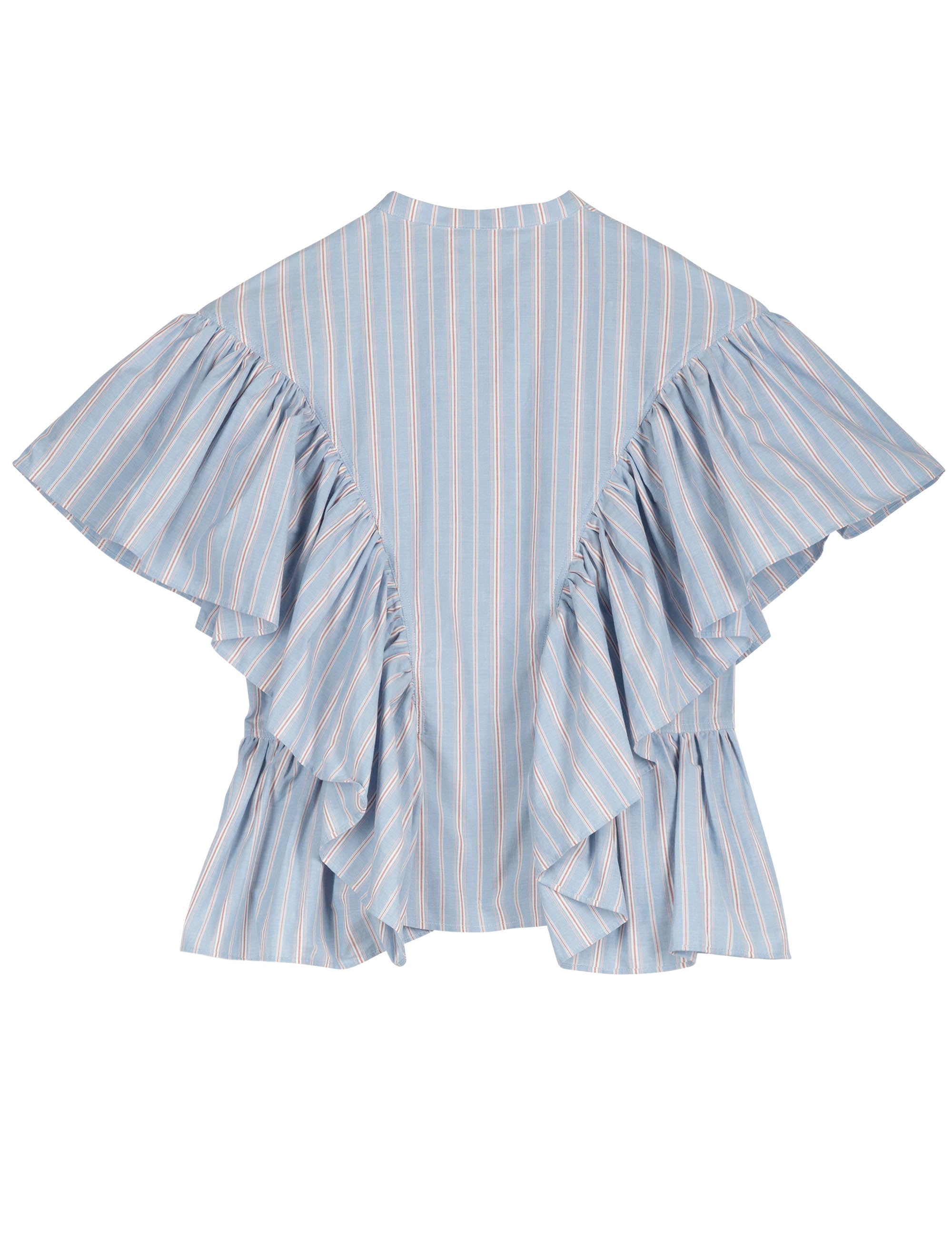 Blue short sleeved women's shirt with stripes and frills