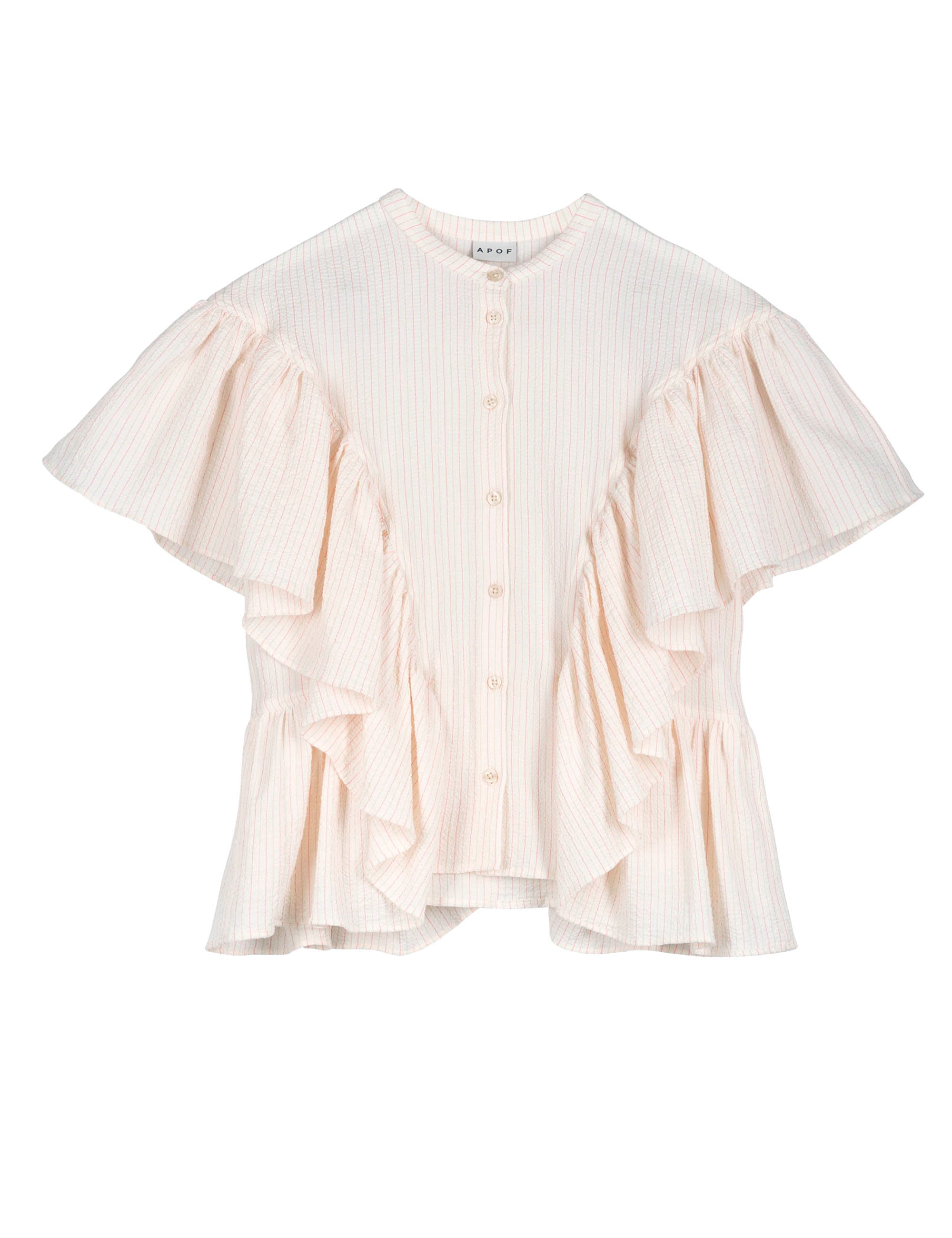 Pink short sleeved women's shirt with stripes and frills