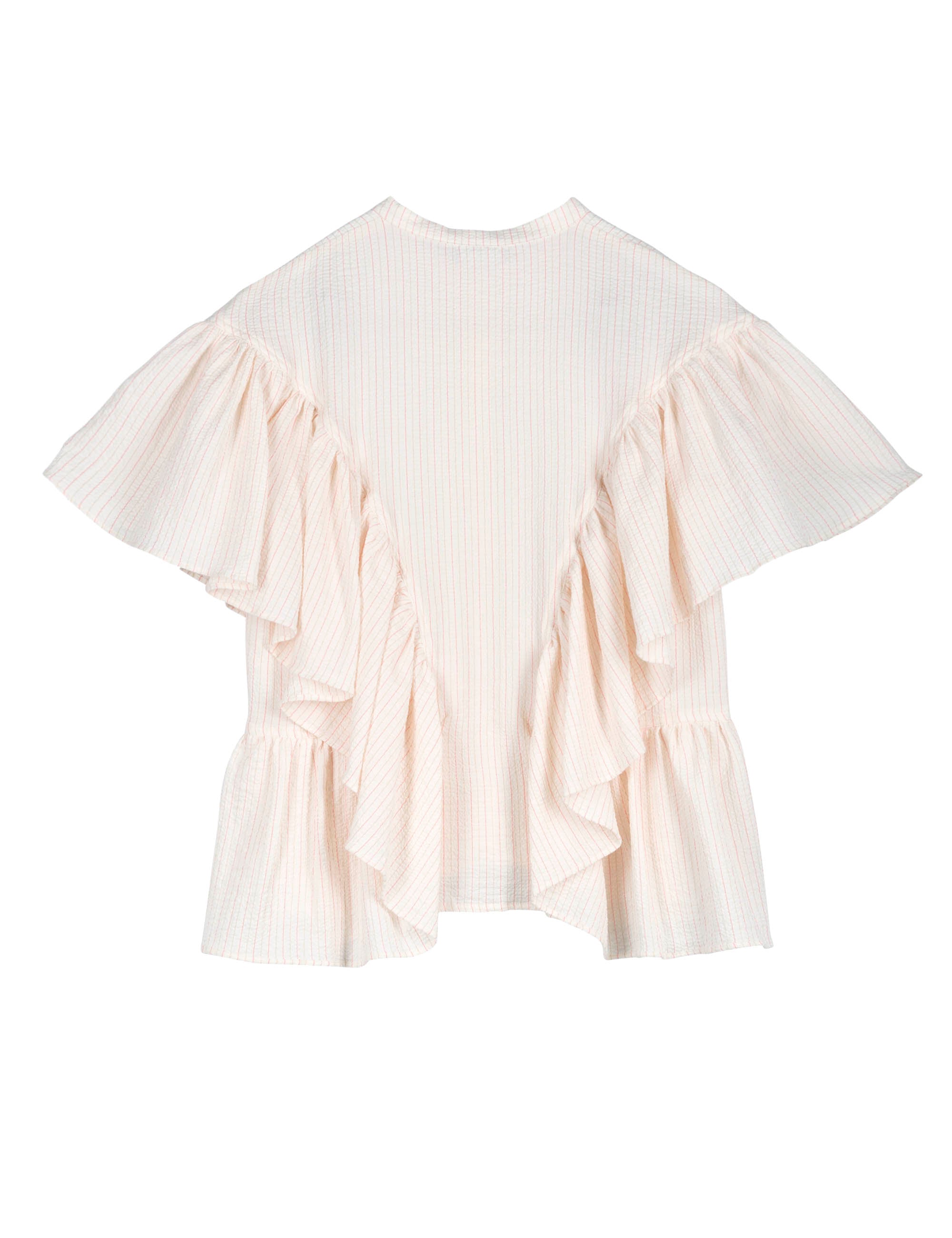 Pink short sleeved women's shirt with stripes and frills