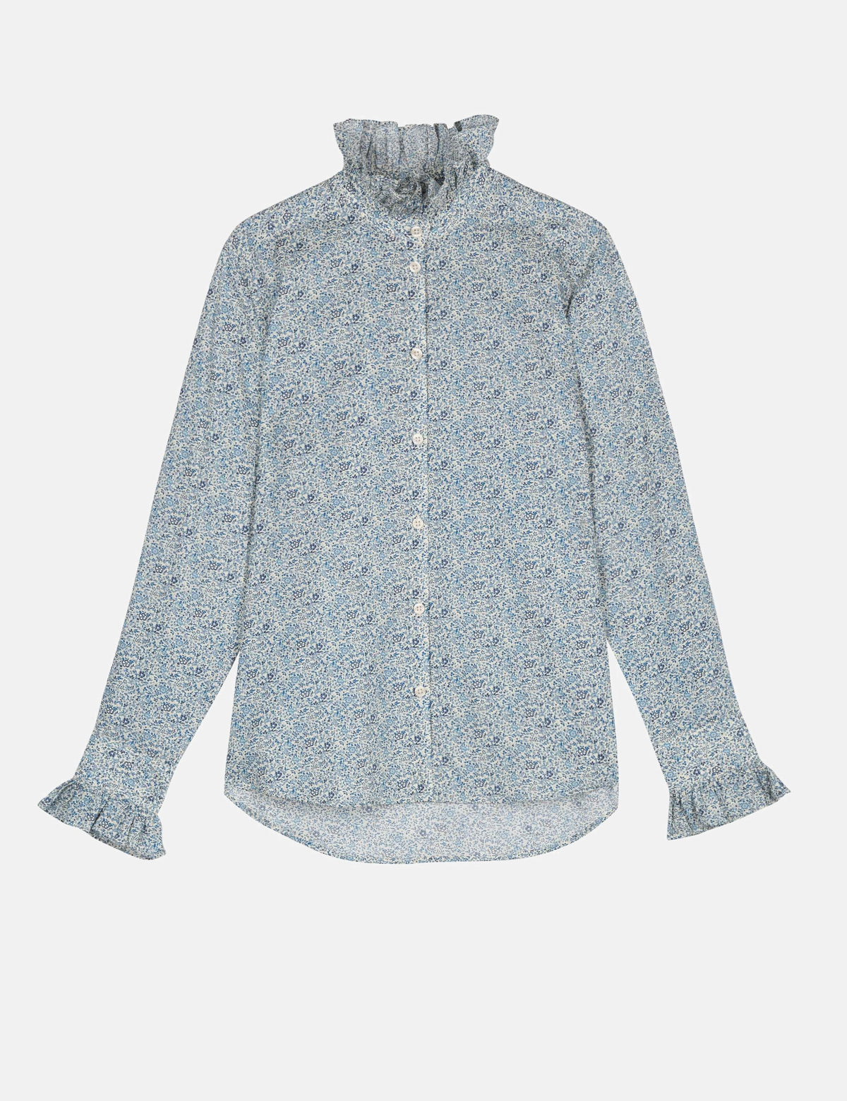 A light blue and white floral print blouse with a ruffled high neck, button-up front, and ruffled cuffs.