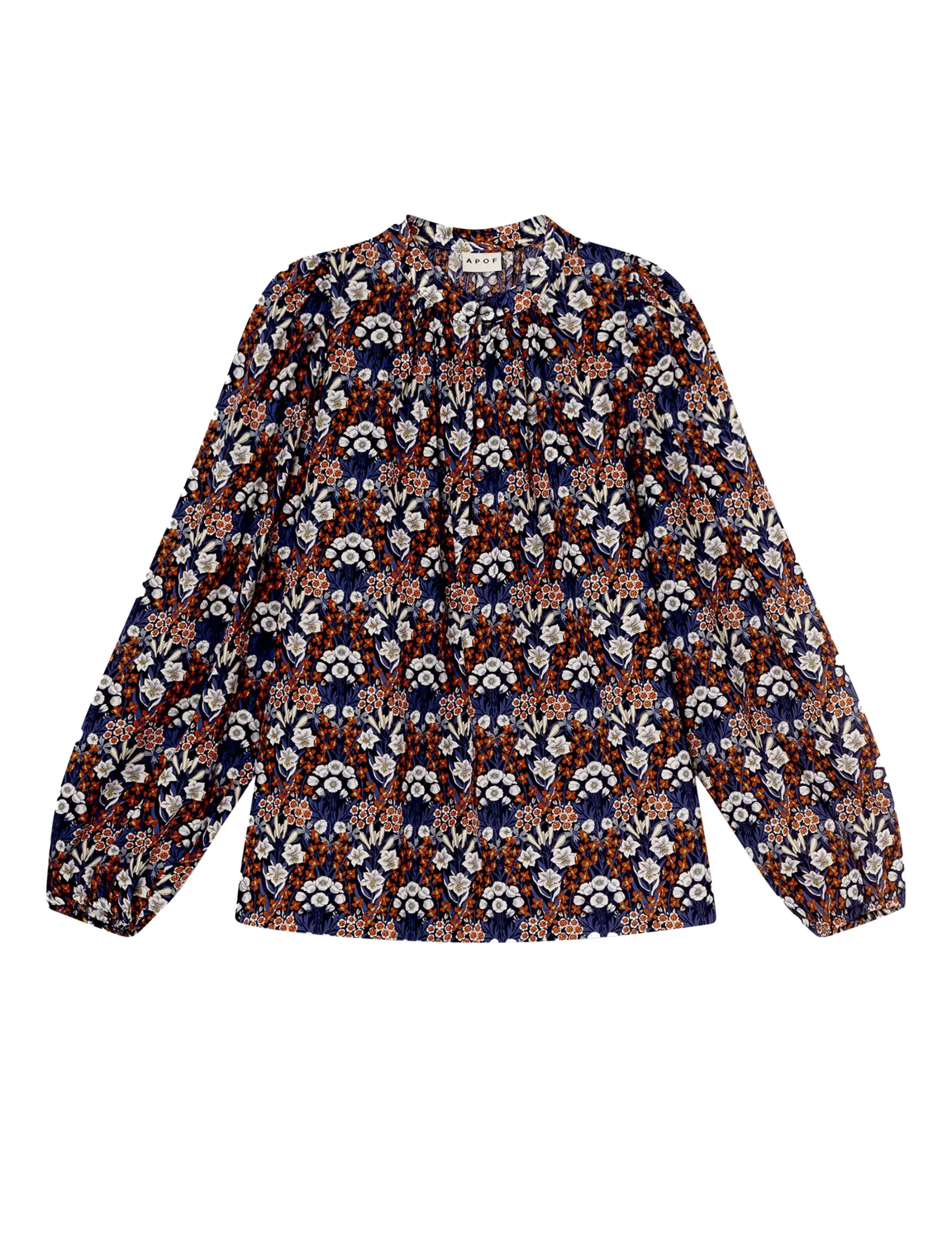Blue red and white flower patterned long sleeved women's shirt