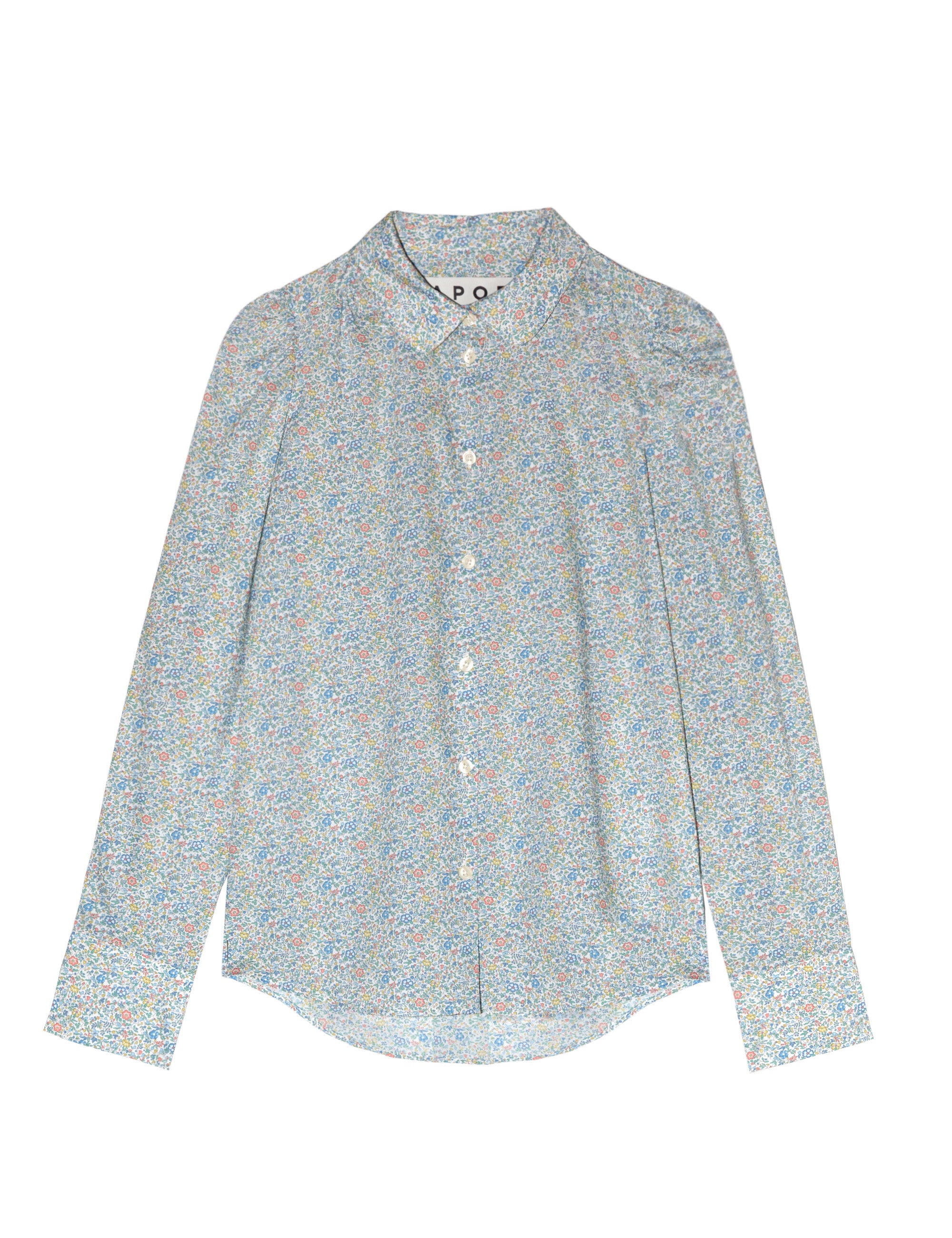 Green women's shirt with long sleeves and multi colored flower pattern