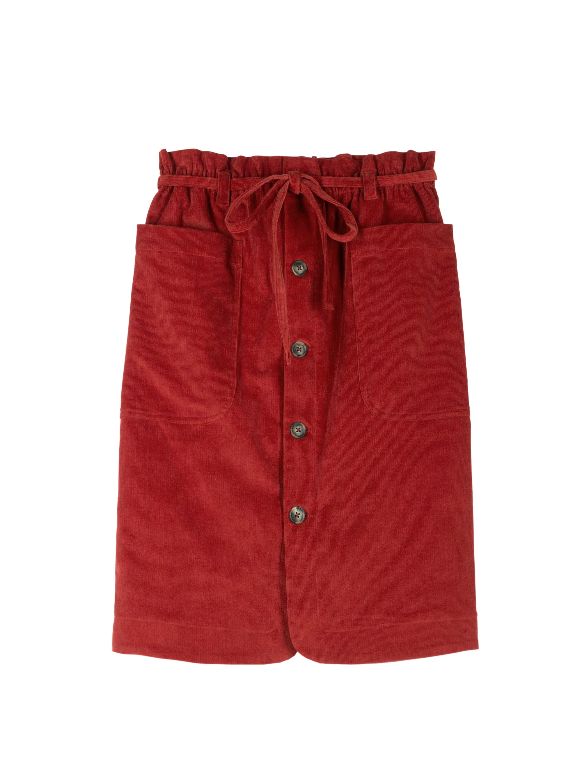 Red corduroy skirt with buttons, pockets and string