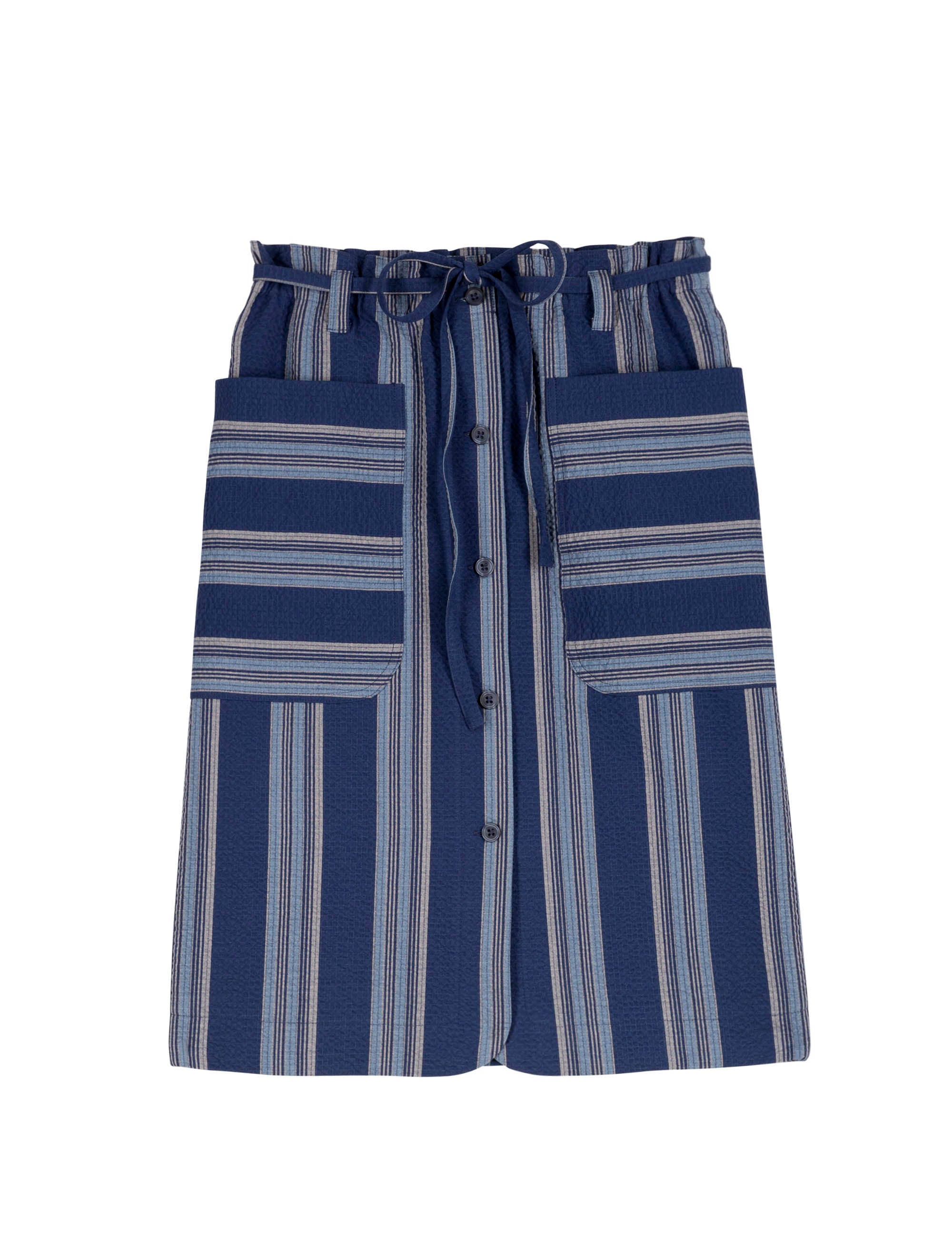 Blue and white striped skirt with pockets and buttons