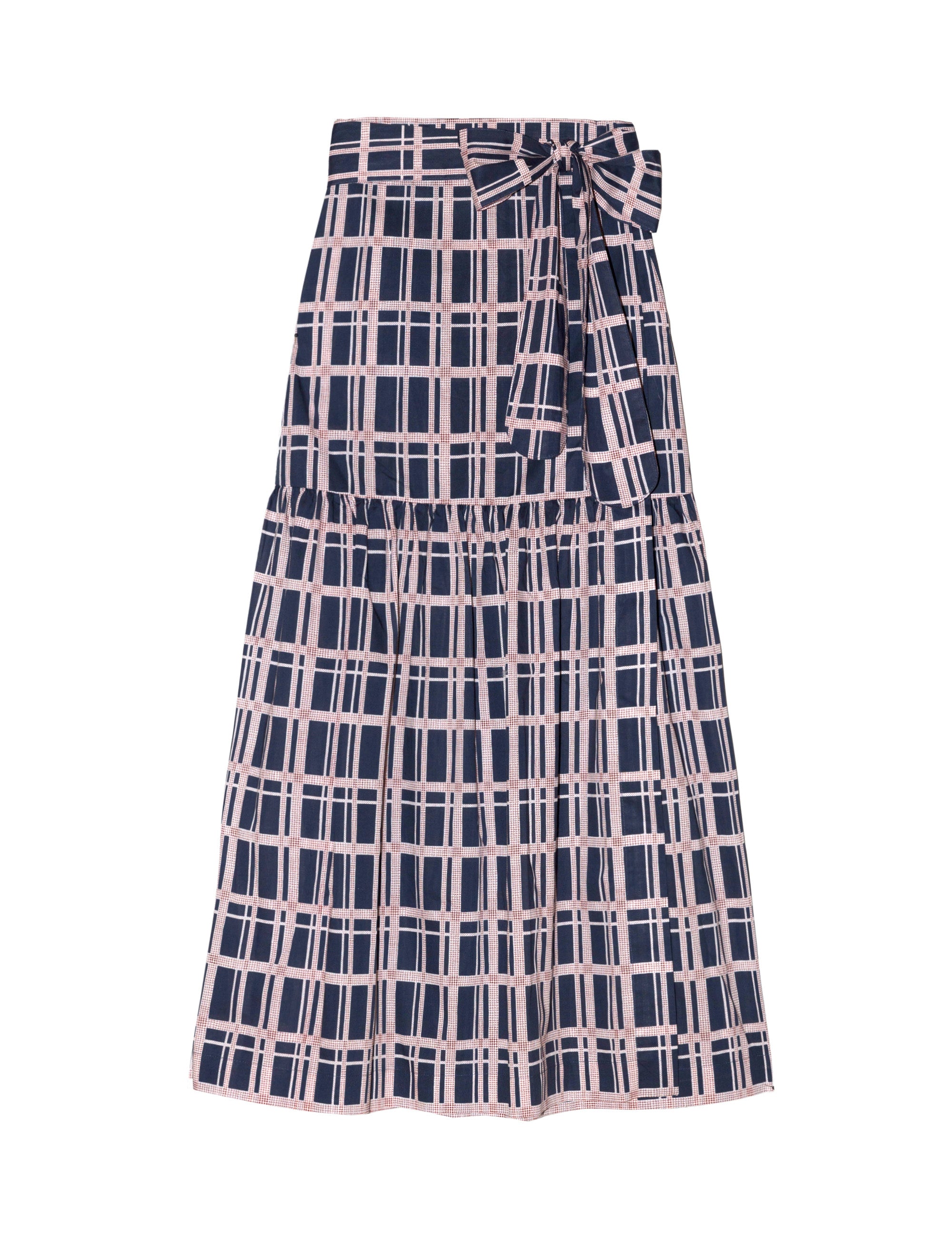 Long wrap skirt with checked pattern and bow