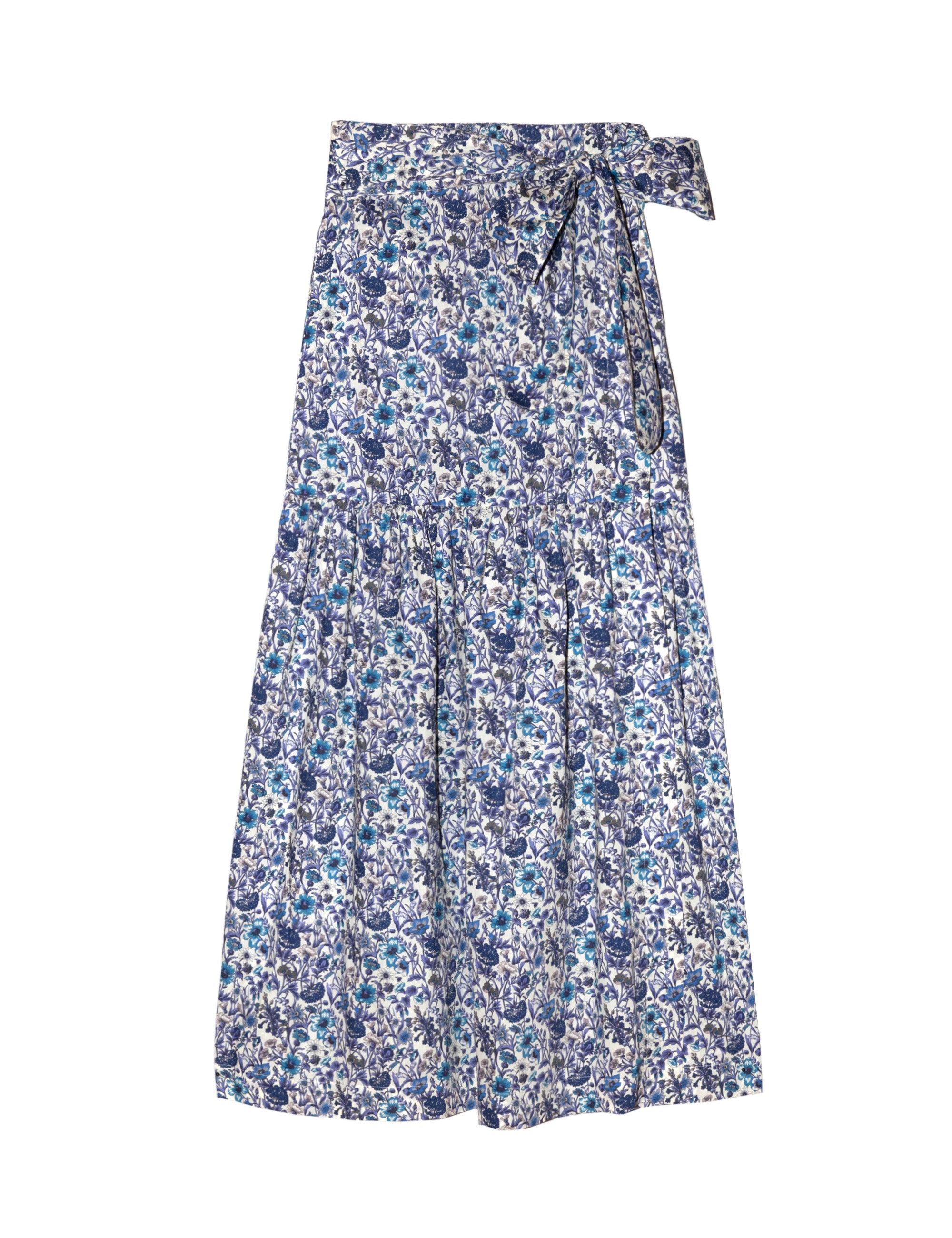 Long wrap skirt with blue flower pattern and bow